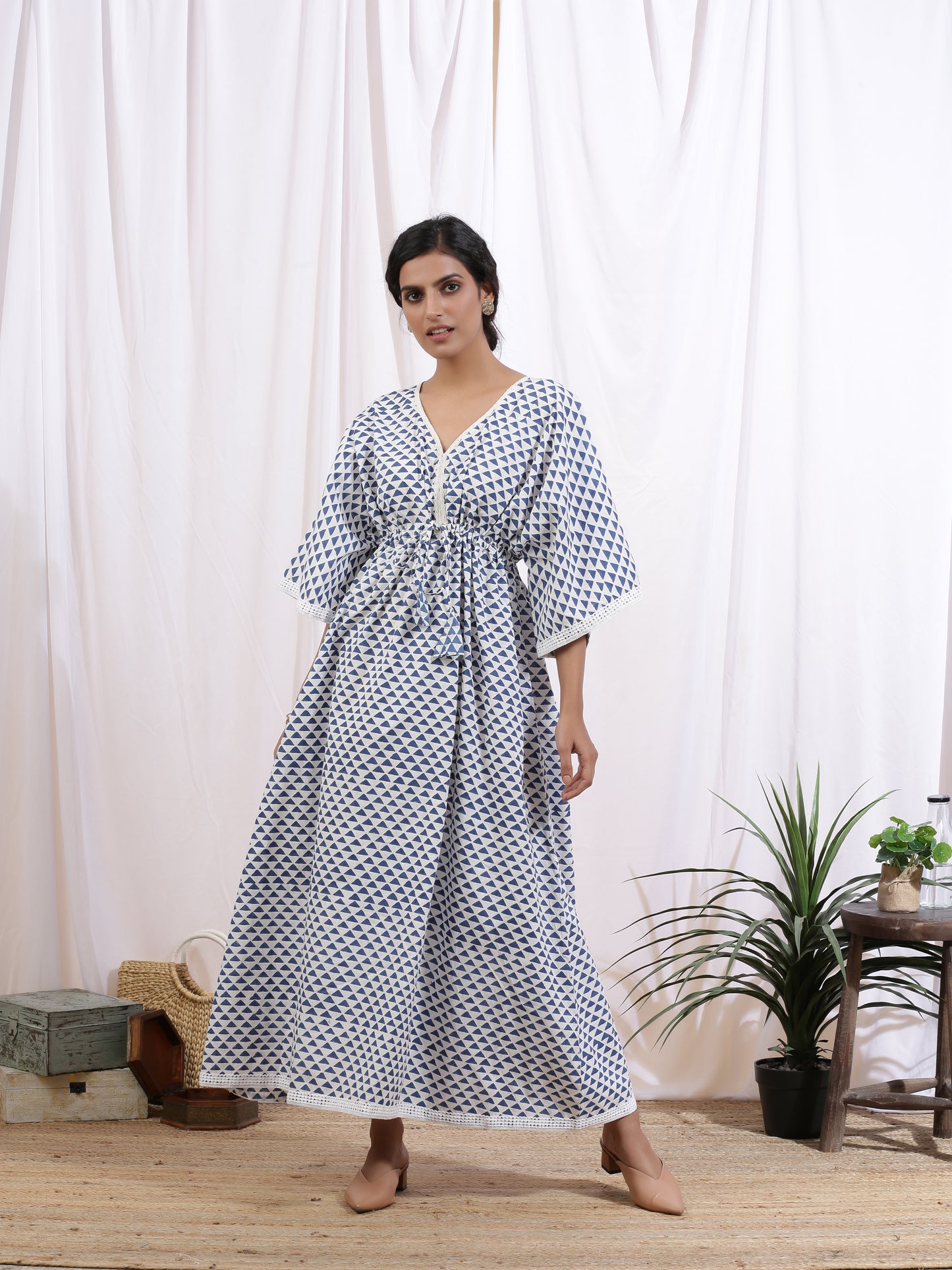 Ciel Kaftan Dress - White Cotton Kaftan With Indigo Hand Block Print & Lace Detailing
