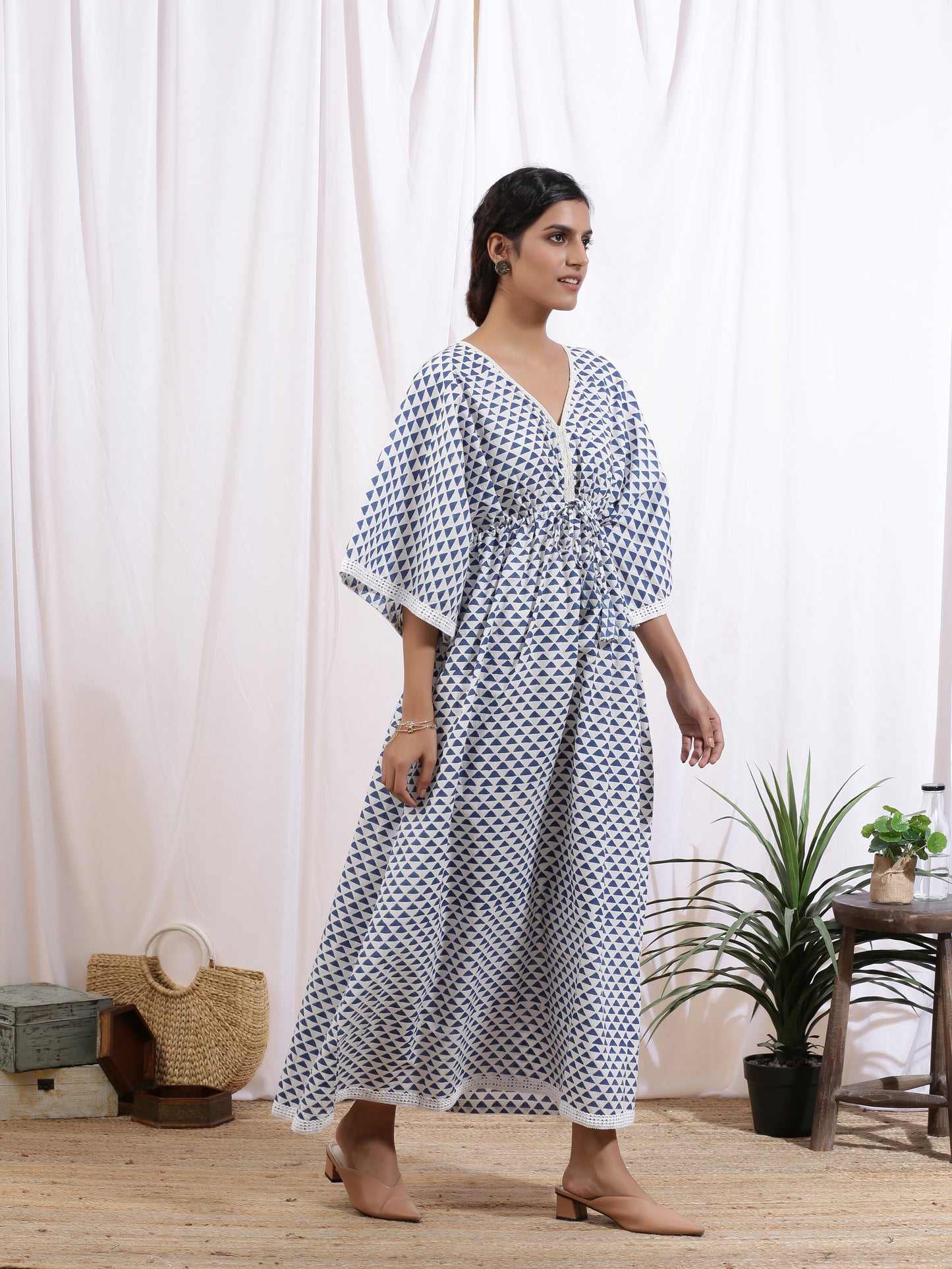 Ciel Kaftan Dress - White Cotton Kaftan With Indigo Hand Block Print & Lace Detailing