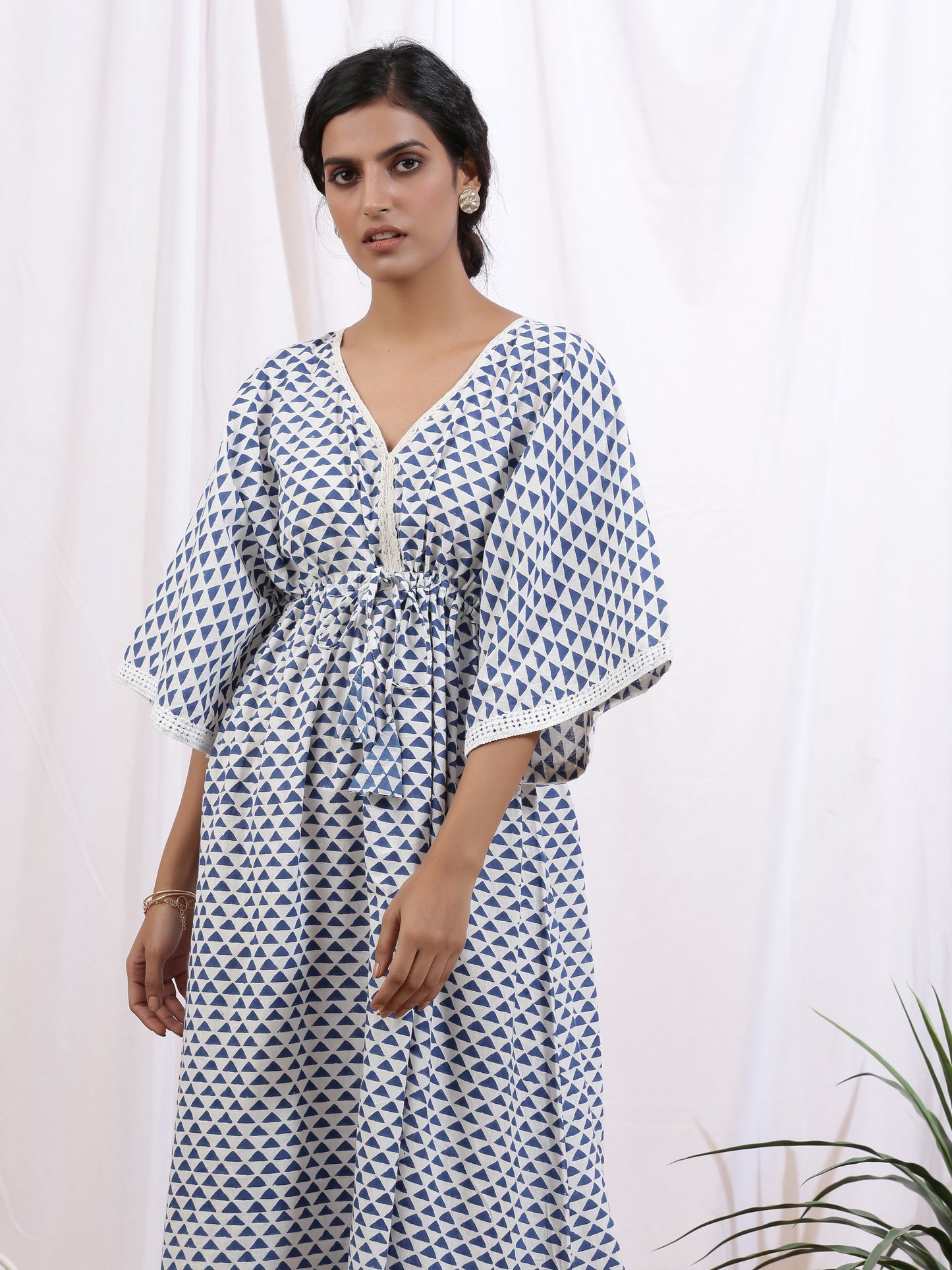 Ciel Kaftan Dress - White Cotton Kaftan With Indigo Hand Block Print & Lace Detailing
