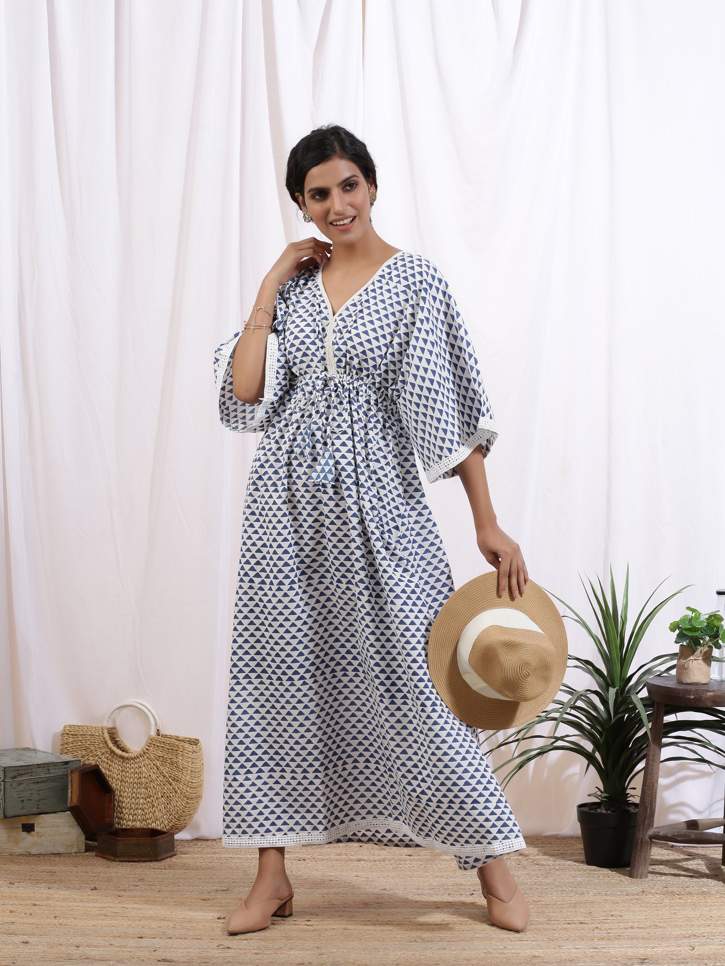 Ciel Kaftan Dress - White Cotton Kaftan With Indigo Hand Block Print & Lace Detailing