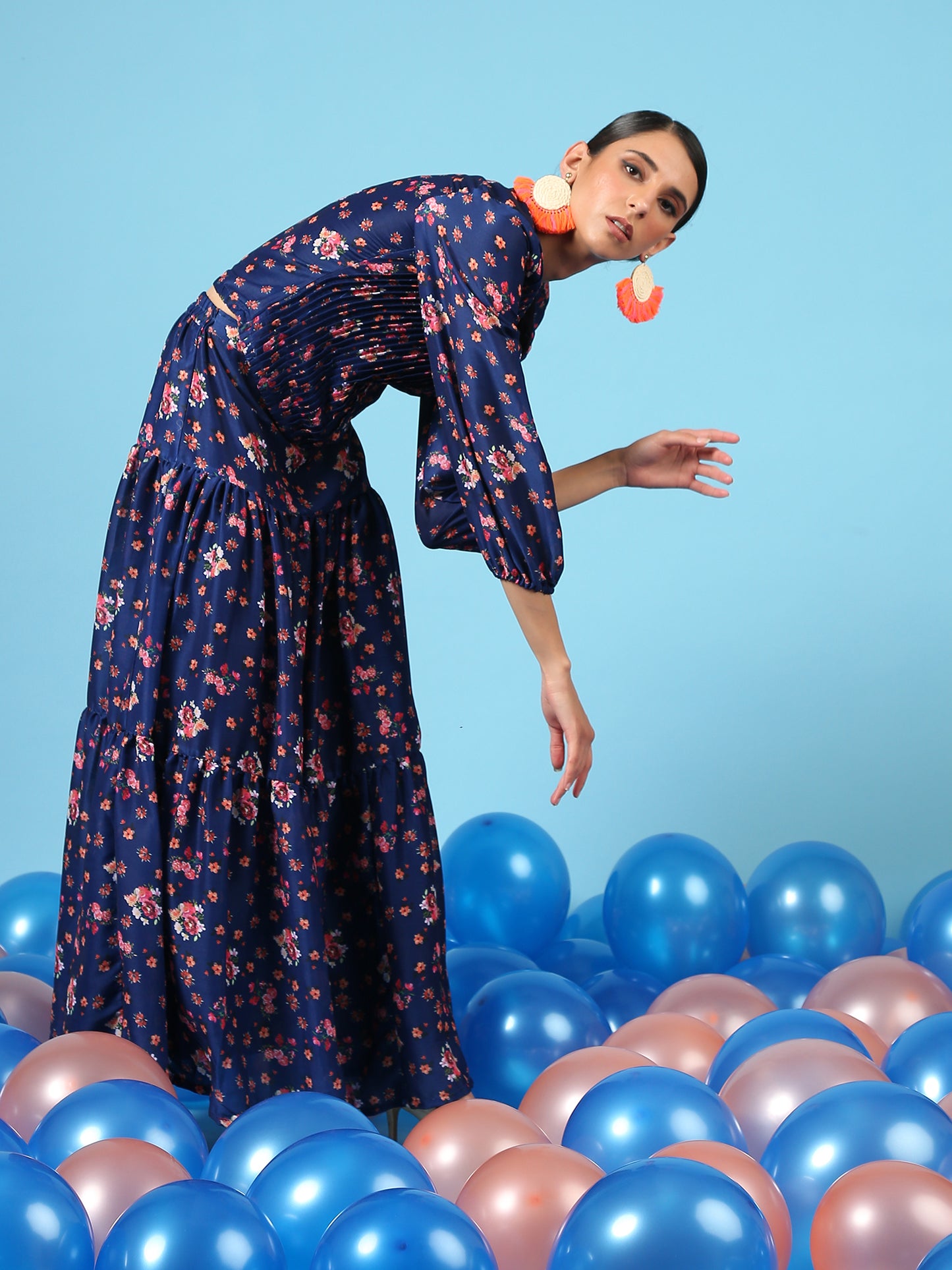 Bouquet On Blue Skirt - Blue Digital Printed Cotton Silk Tiered Skirt