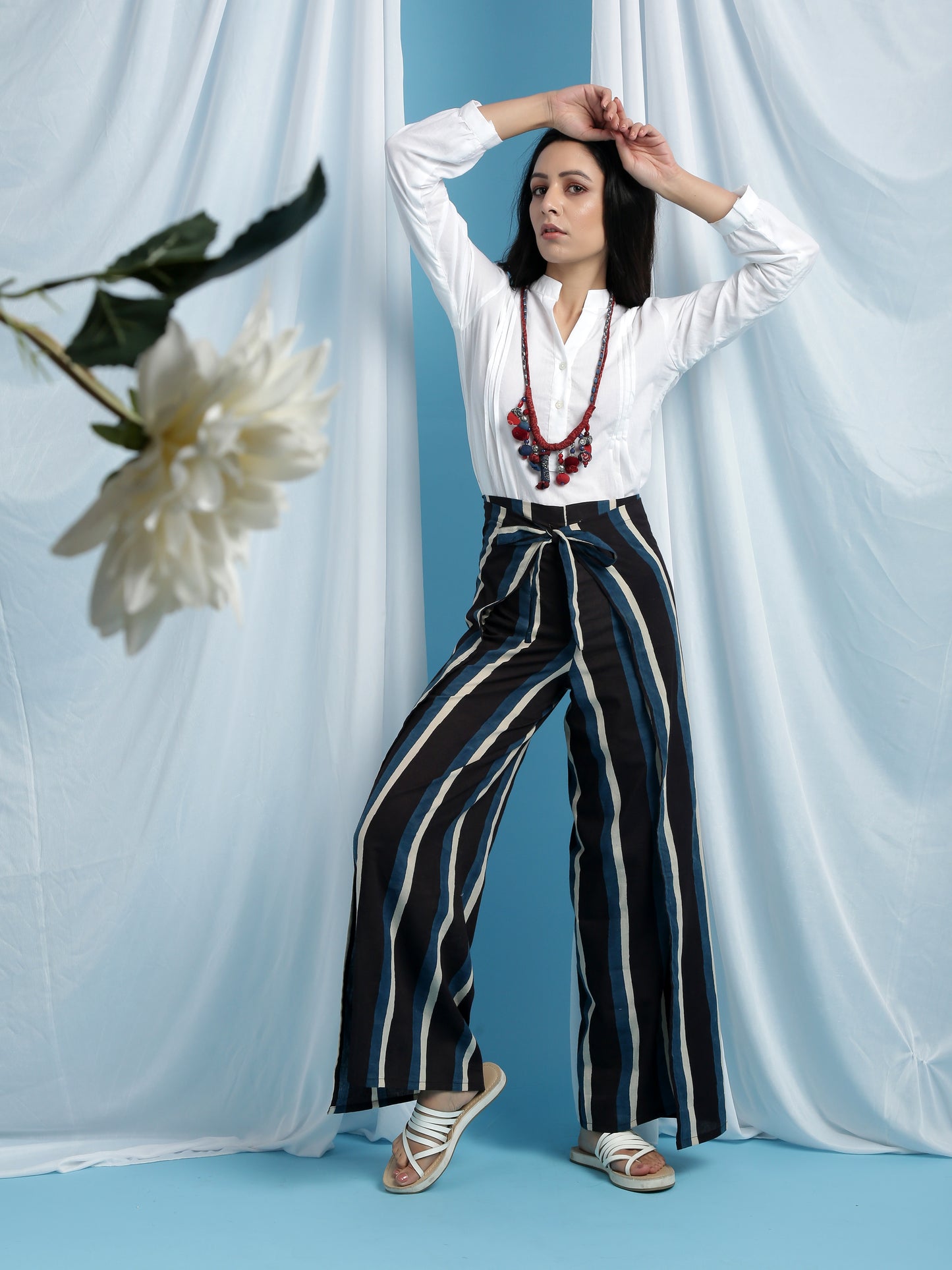 Barbara Pask - Black Cotton Wrap Pants With Blue & White Hand Block Printed Stripes