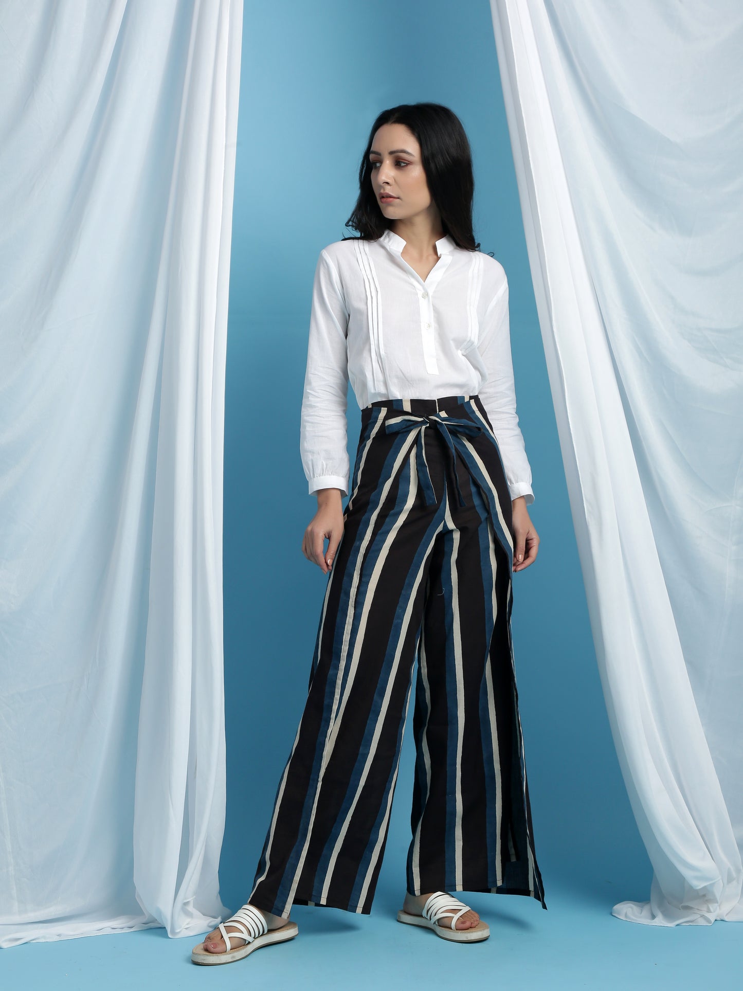 Barbara Pask - Black Cotton Wrap Pants With Blue & White Hand Block Printed Stripes