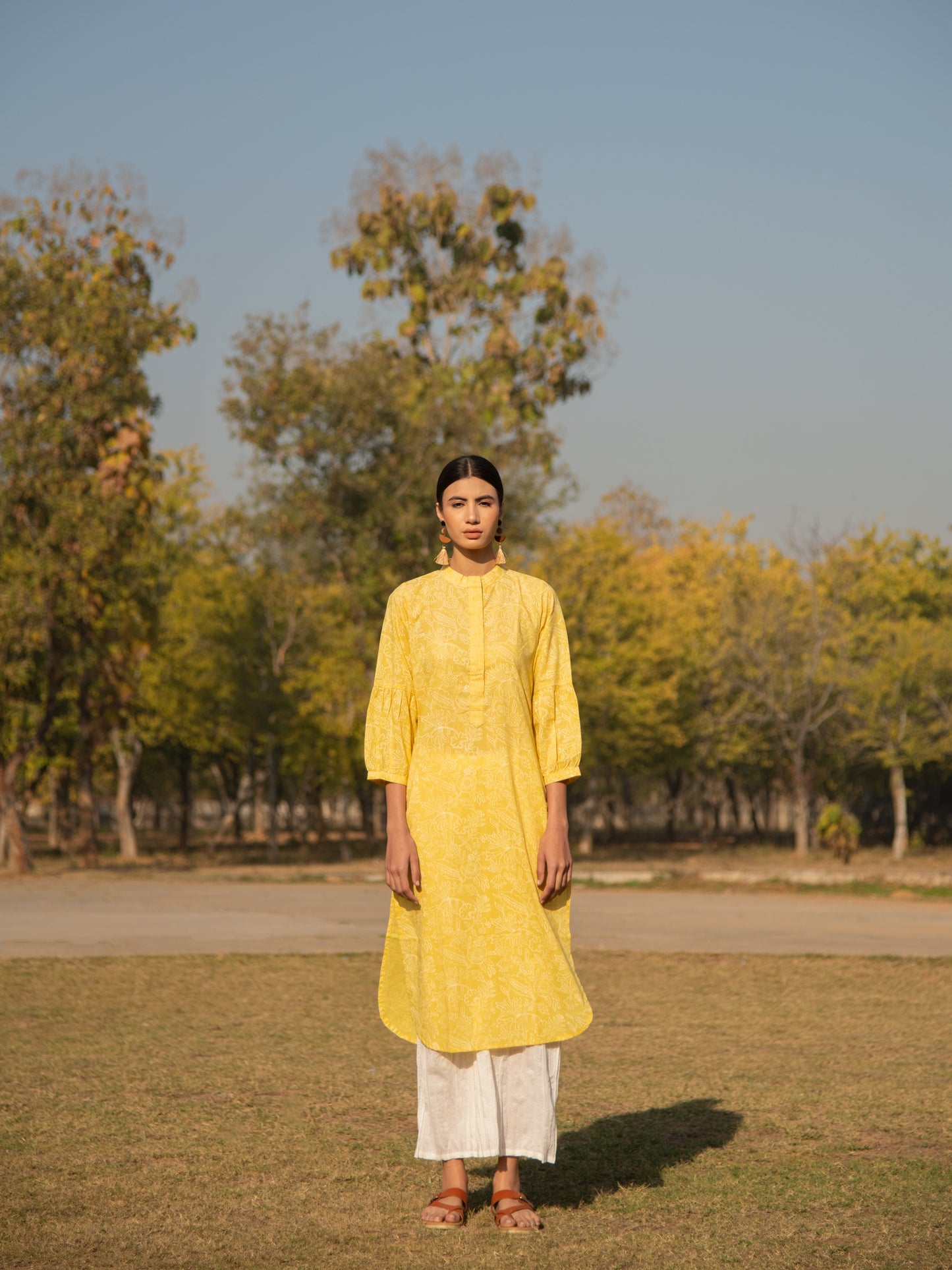 Sunny Side Up Kurta Set- Yellow Hand Block Printed Cotton Kurta With White Crushed Pants