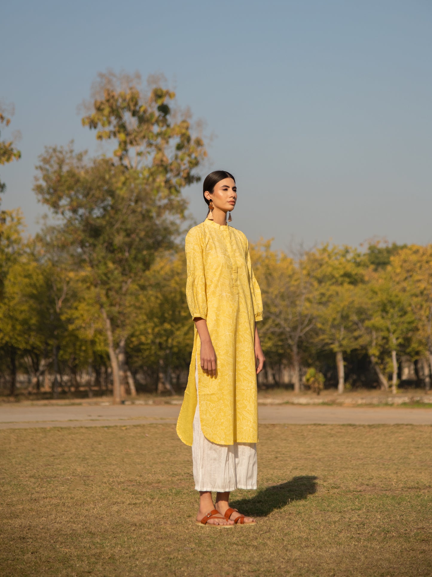 Sunny Side Up Kurta Set- Yellow Hand Block Printed Cotton Kurta With White Crushed Pants