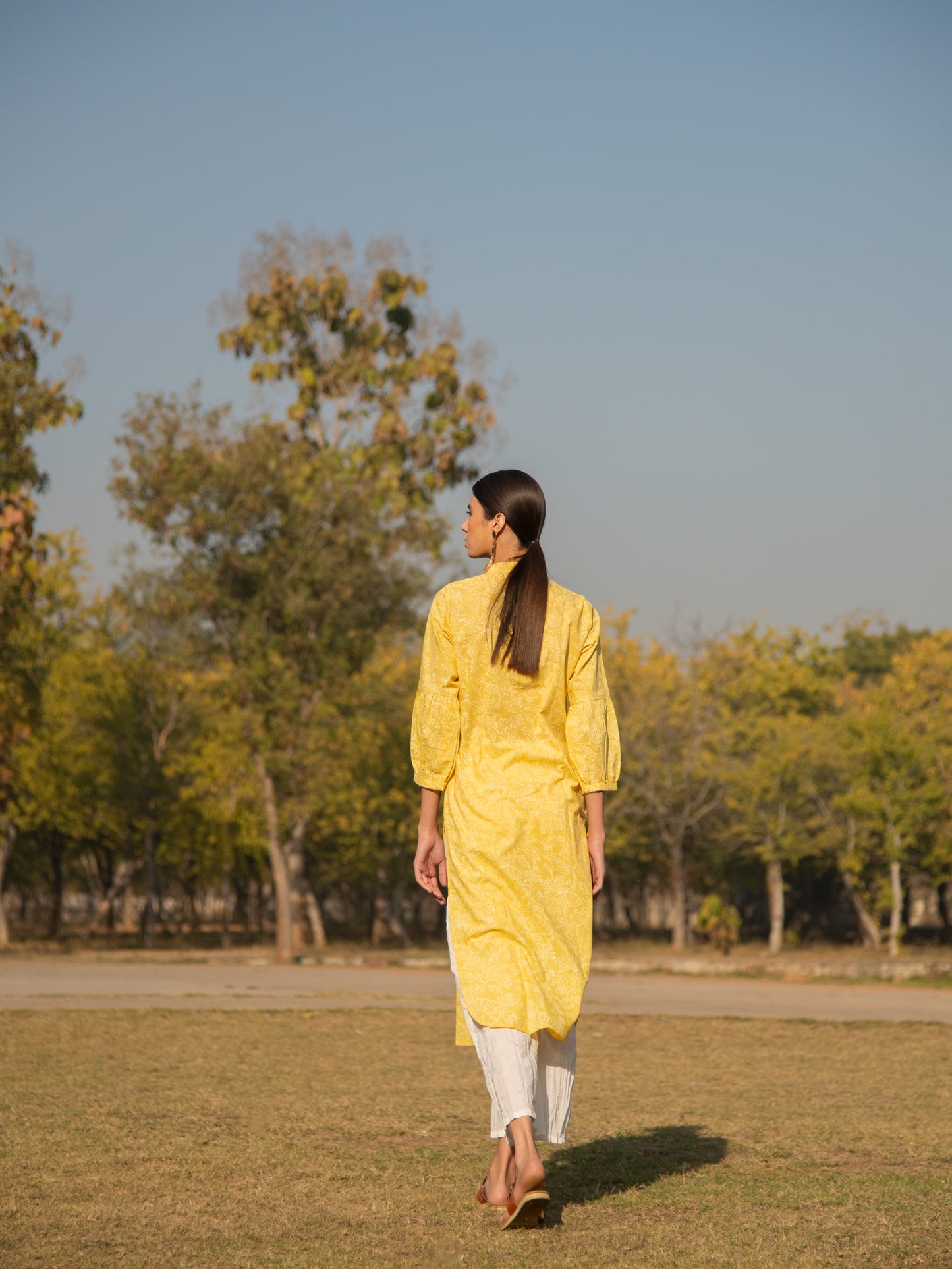 Sunny Side Up Kurta Set- Yellow Hand Block Printed Cotton Kurta With White Crushed Pants