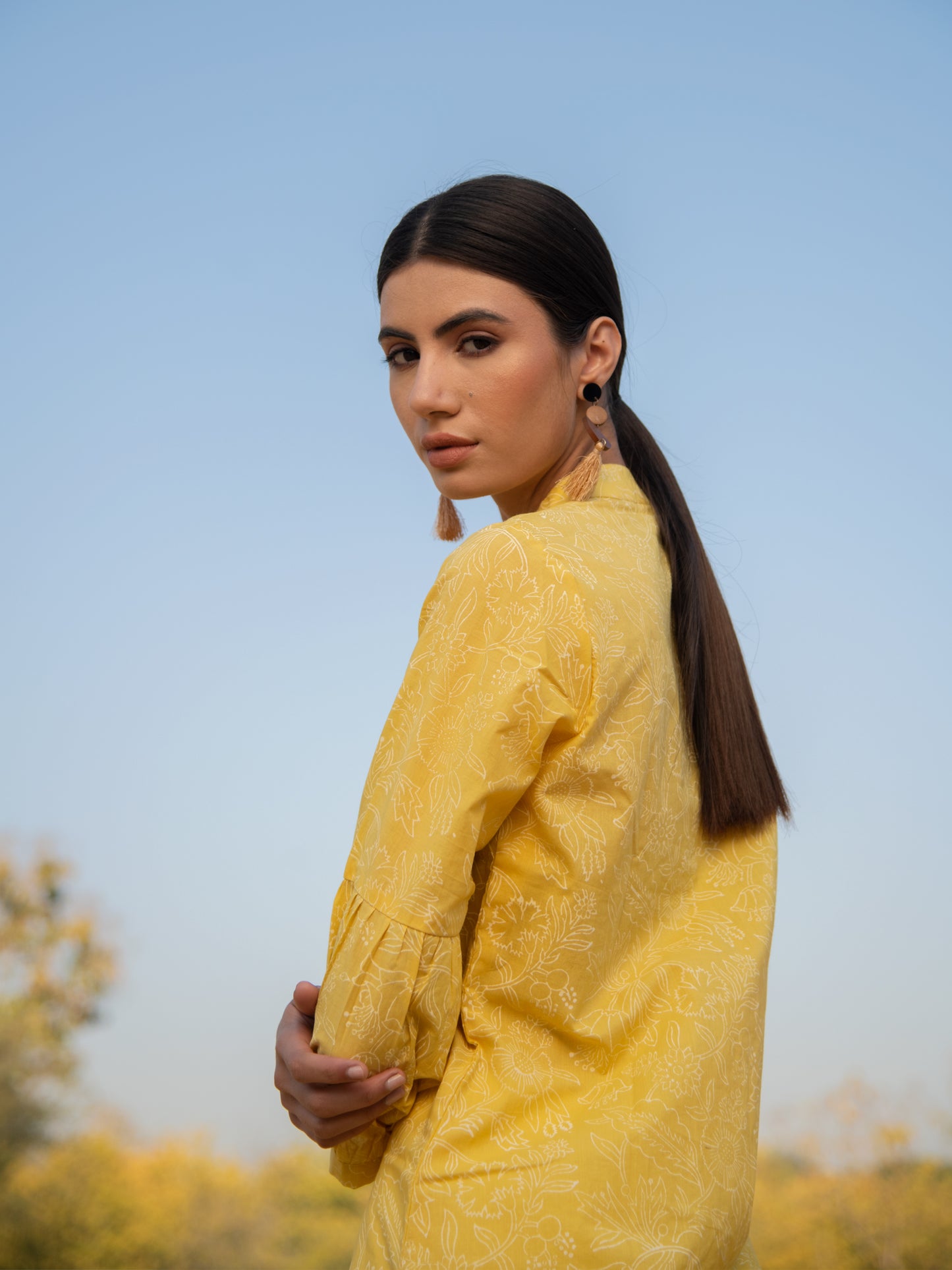 Sunny Side Up Kurta Set- Yellow Hand Block Printed Cotton Kurta With White Crushed Pants