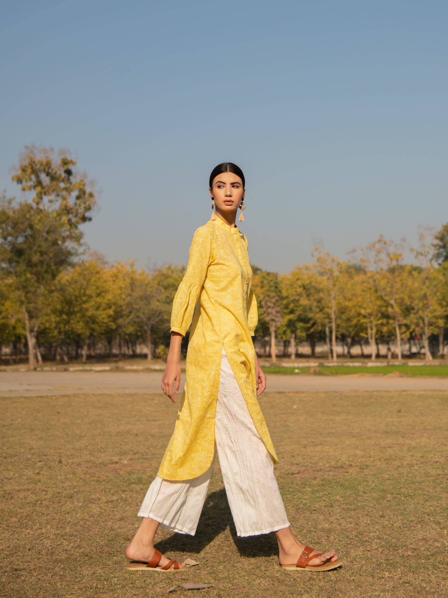 Sunny Side Up Kurta Set- Yellow Hand Block Printed Cotton Kurta With White Crushed Pants