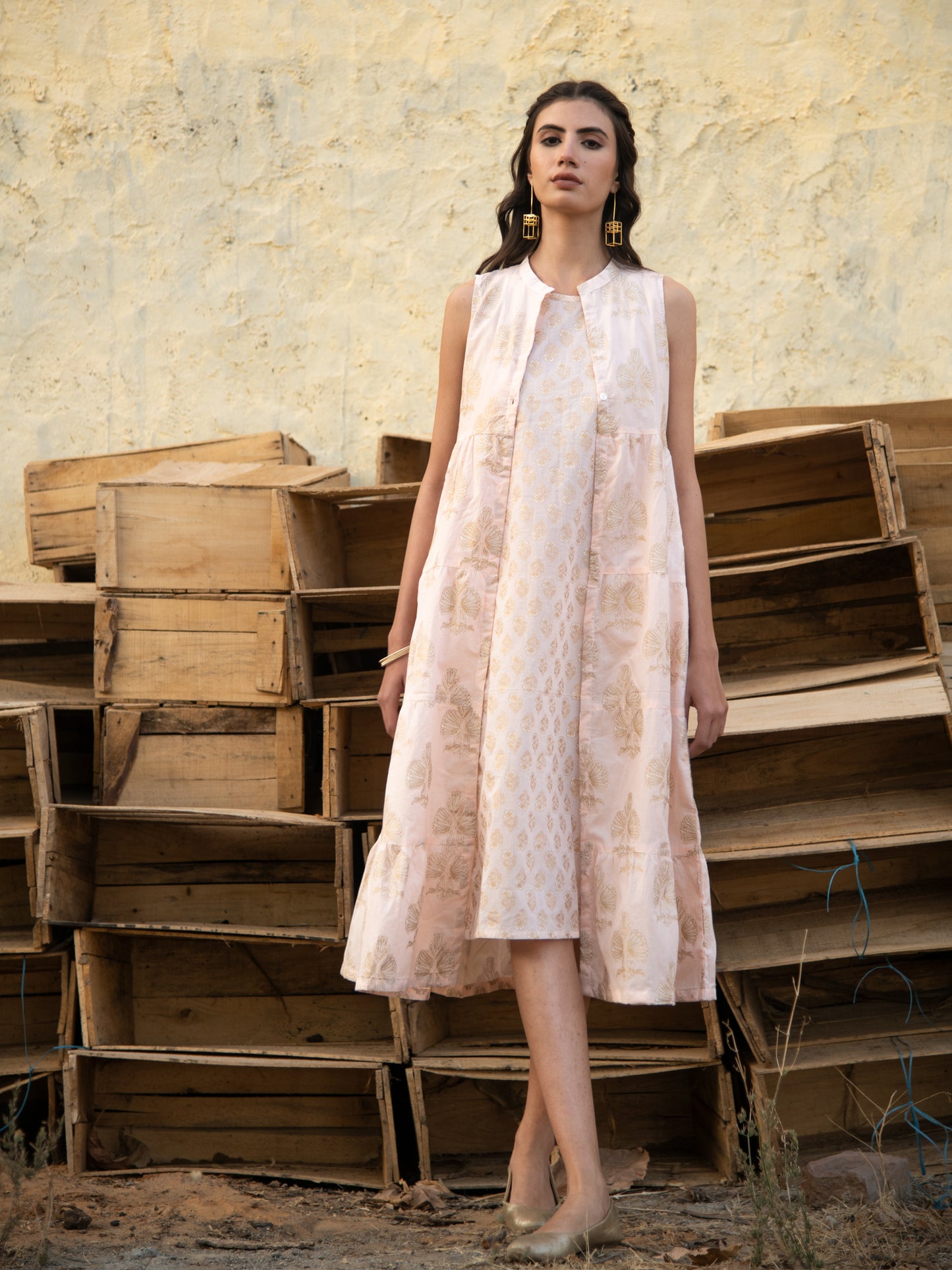 Golden Days Cape Dress - Peach Hand Printed Cotton Cape Dress With Inner