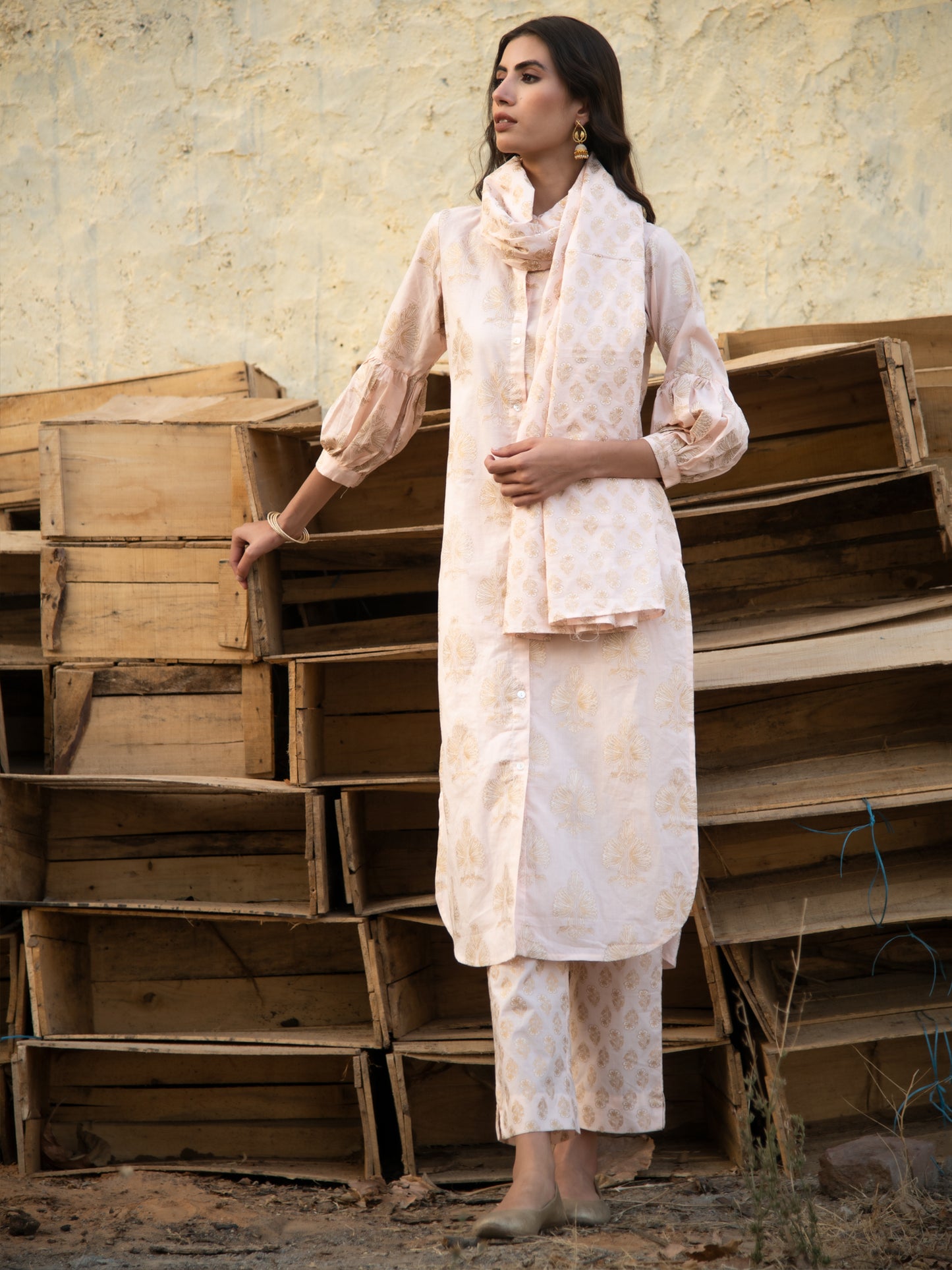 Golden Days Kurta Set- Peach Hand Block Printed Cotton Kurta and Pant
