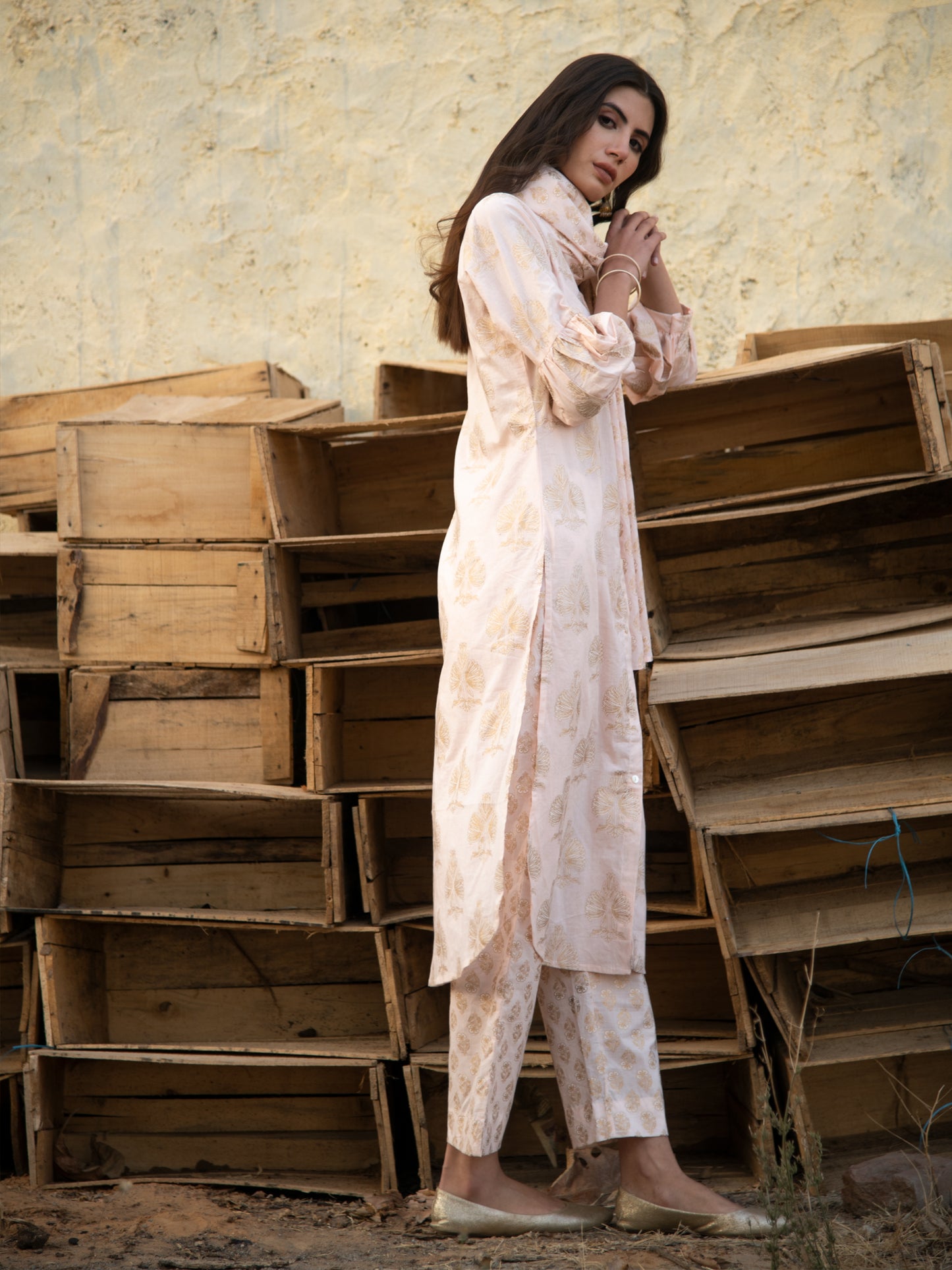 Golden Days Kurta Set- Peach Hand Block Printed Cotton Kurta and Pant