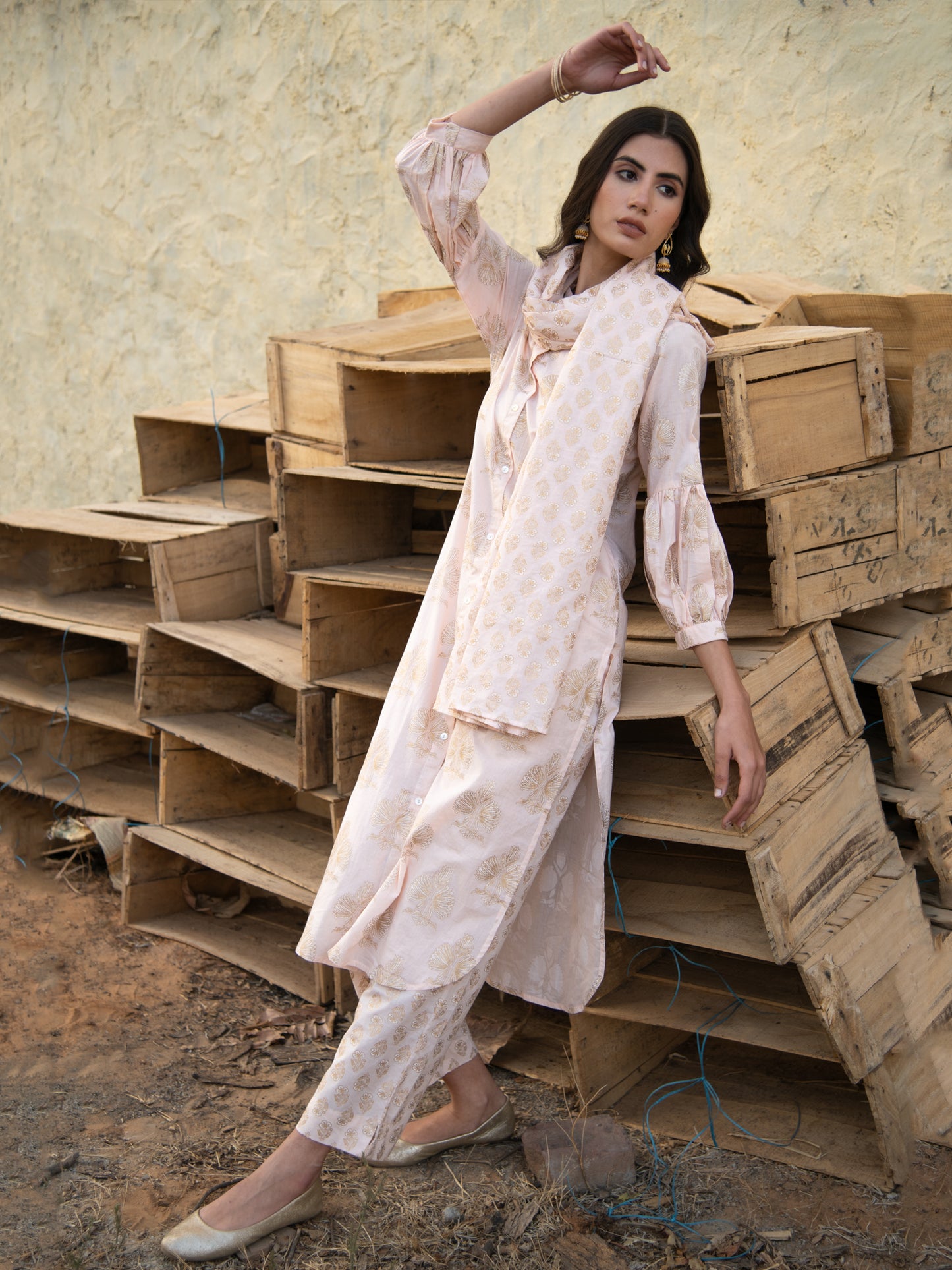 Golden Khari Block Printed Wrap - Peach Stole