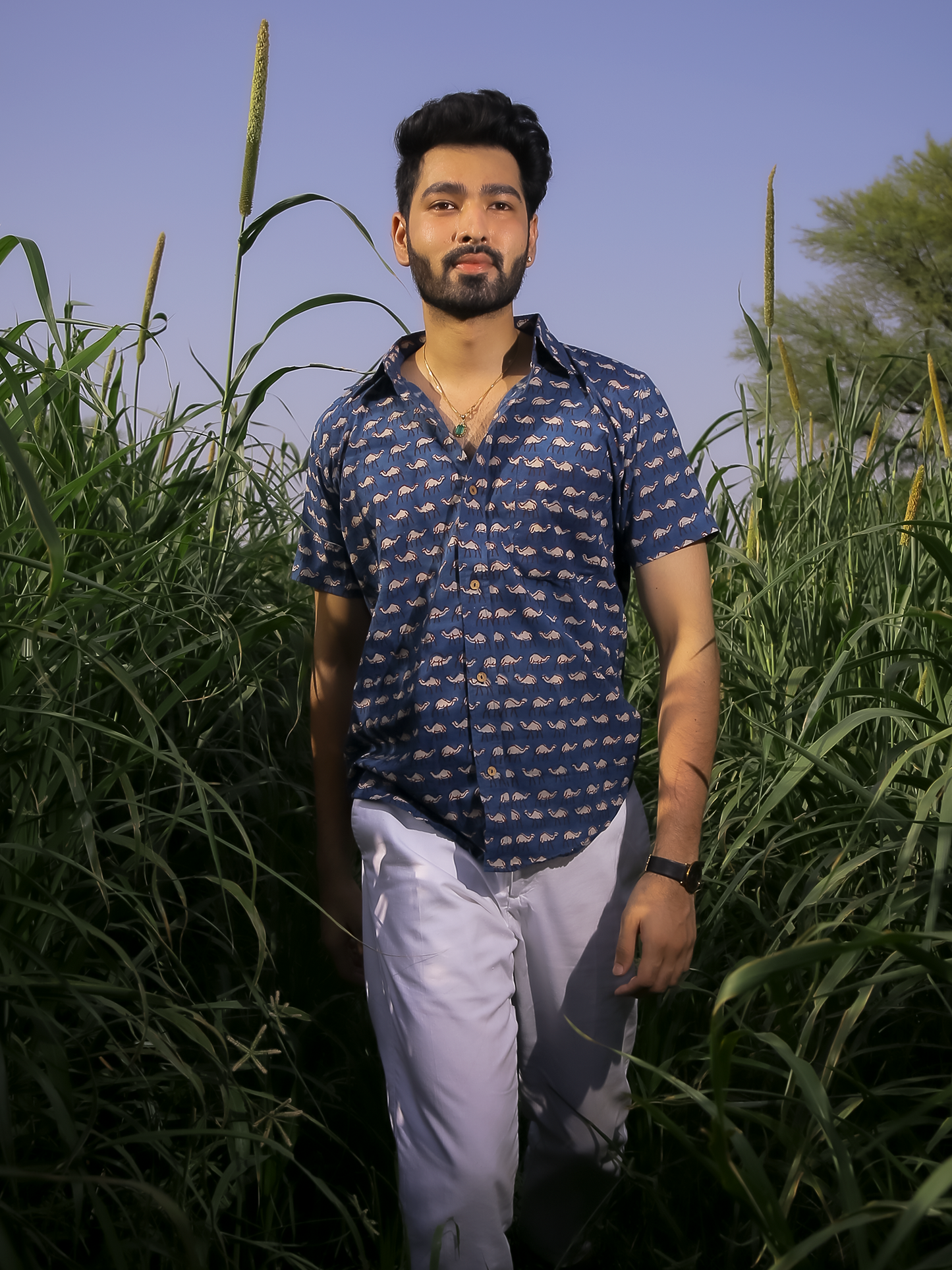 Indigo Hump Back Half Sleeves Men's Shirt - Indigo Hand Block Printed Cotton Shirt
