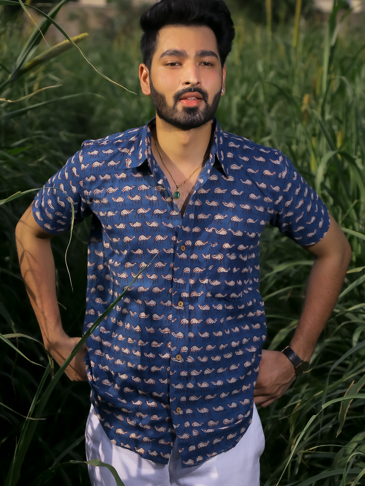 Indigo Hump Back Half Sleeves Men's Shirt - Indigo Hand Block Printed Cotton Shirt