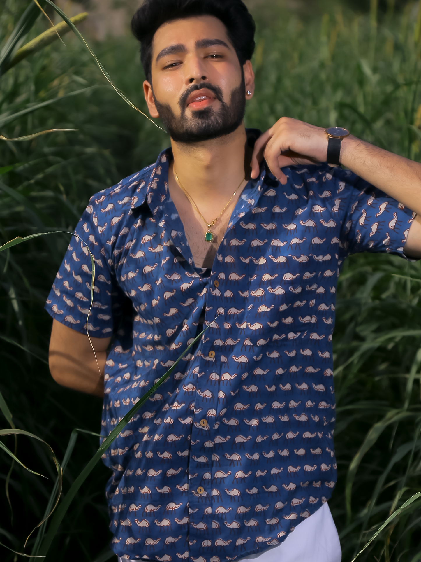 Indigo Hump Back Half Sleeves Men's Shirt - Indigo Hand Block Printed Cotton Shirt
