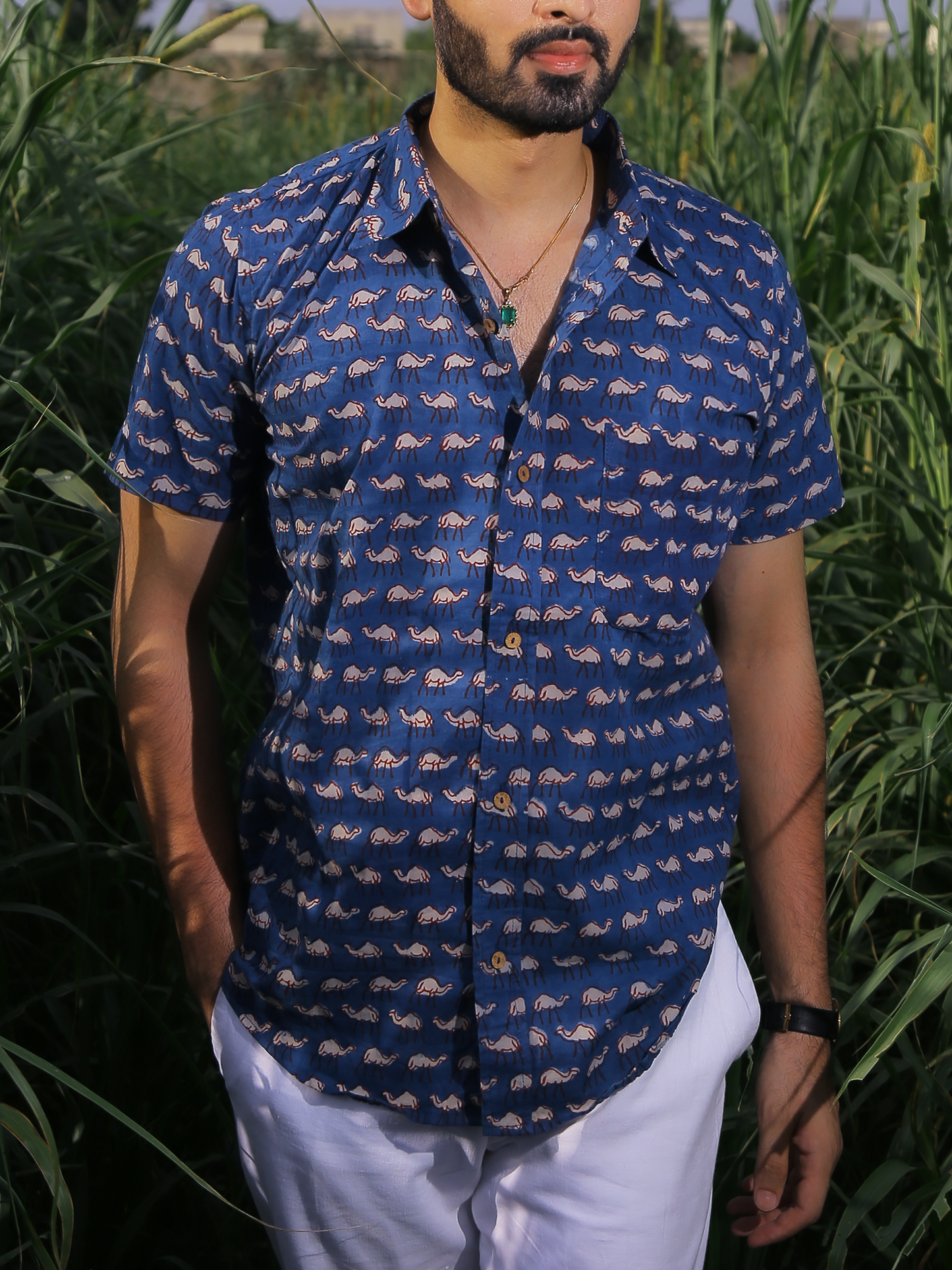 Indigo Hump Back Half Sleeves Men's Shirt - Indigo Hand Block Printed Cotton Shirt