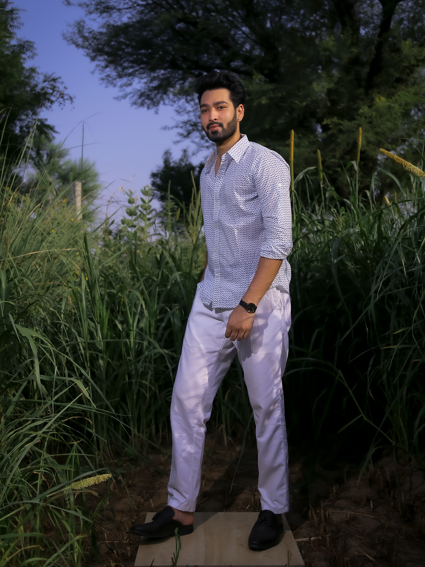 Blue Leaf Men's Shirt - White Cotton Shirt With Blue Hand Block Print