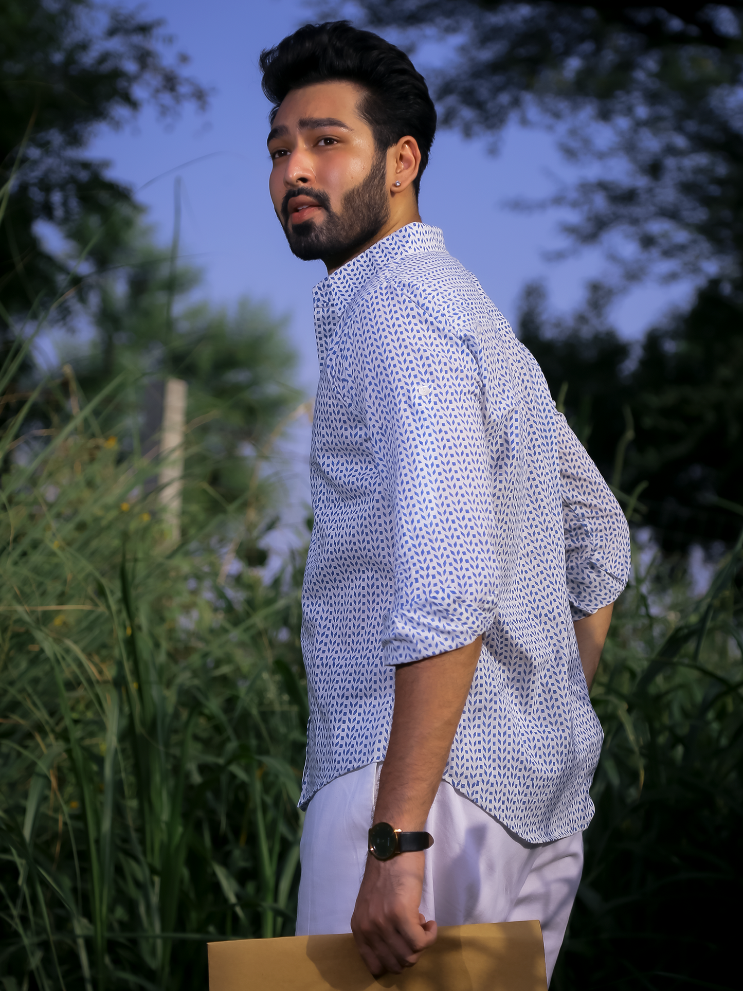 Blue Leaf Men's Shirt - White Cotton Shirt With Blue Hand Block Print