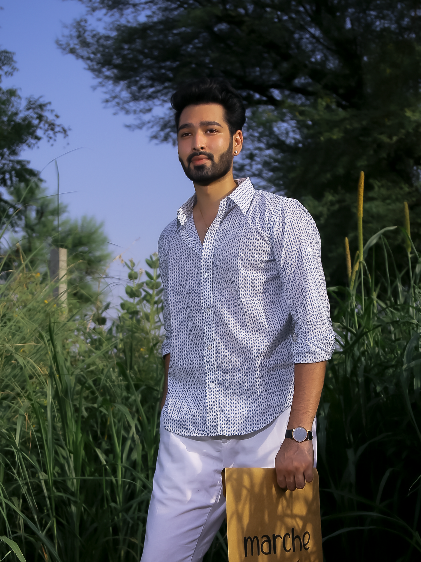 Blue Leaf Men's Shirt - White Cotton Shirt With Blue Hand Block Print