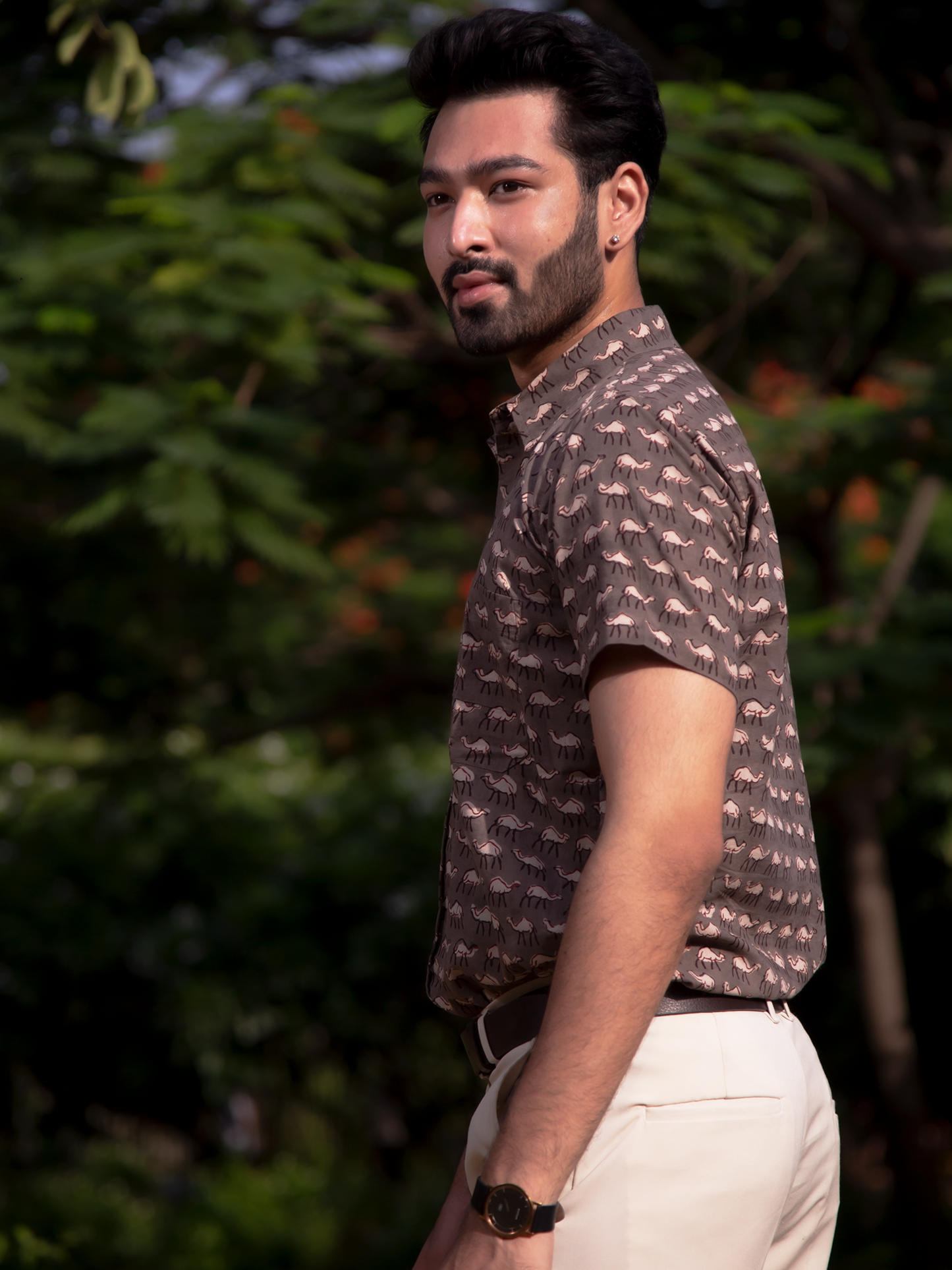 Grey Hump Half Sleeves Mens's Shirt - Grey Hand Block Printed Half Sleeves Cotton Shirt