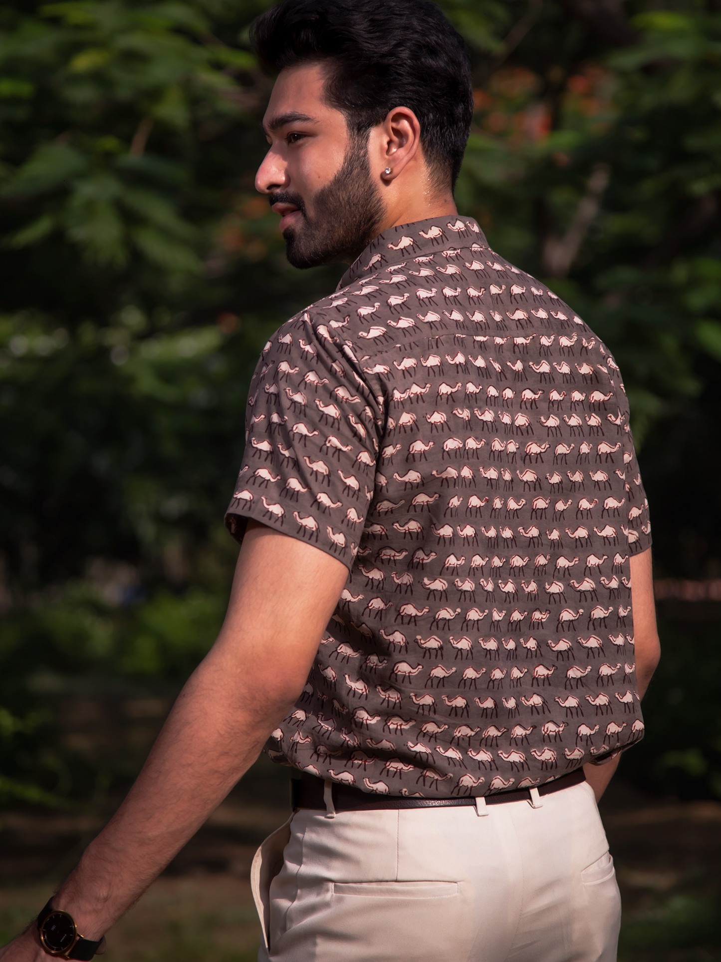 Grey Hump Half Sleeves Mens's Shirt - Grey Hand Block Printed Half Sleeves Cotton Shirt