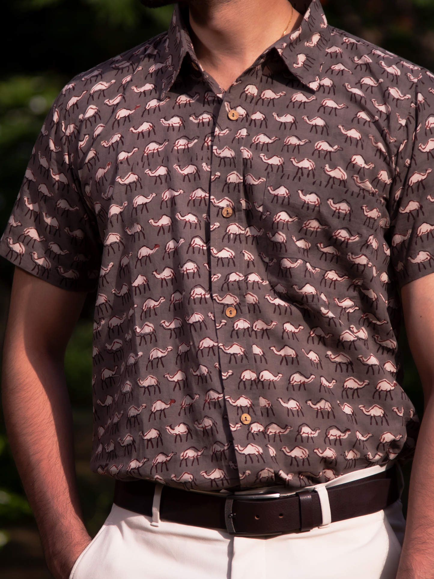 Grey Hump Half Sleeves Mens's Shirt - Grey Hand Block Printed Half Sleeves Cotton Shirt