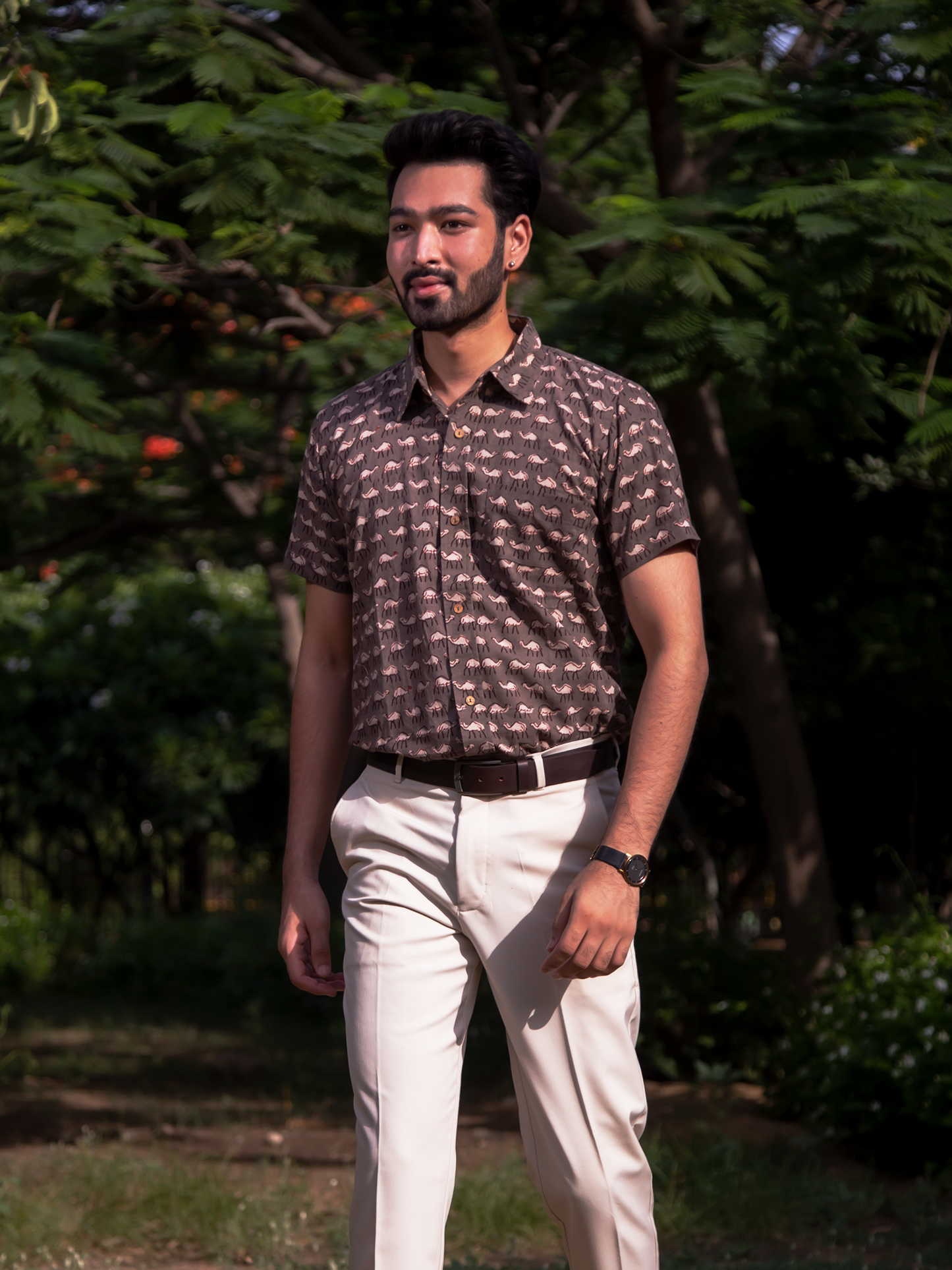 Grey Hump Half Sleeves Mens's Shirt - Grey Hand Block Printed Half Sleeves Cotton Shirt