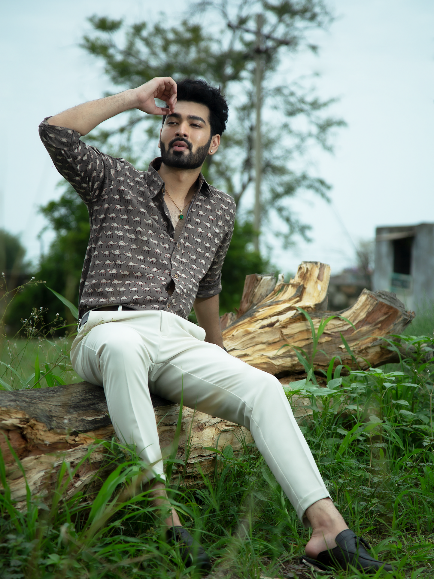 Grey Hump Half Sleeves Mens's Shirt - Grey Hand Block Printed Full Sleeves Cotton Shirt