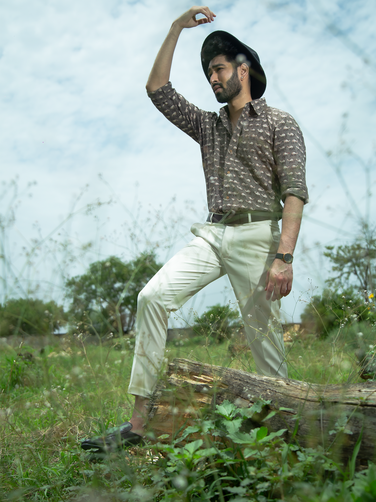 Grey Hump Half Sleeves Mens's Shirt - Grey Hand Block Printed Full Sleeves Cotton Shirt