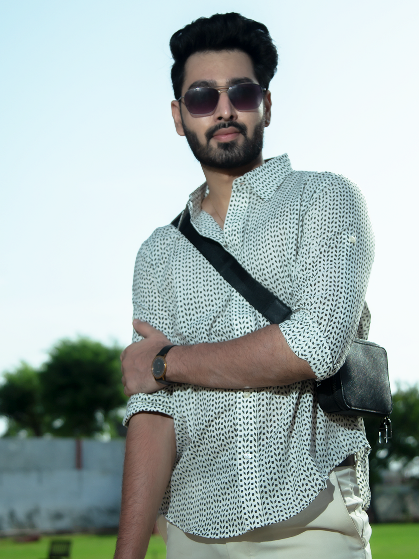 Black Leaf Mens's Shirt - White Hand Block Printed Cotton Shirt