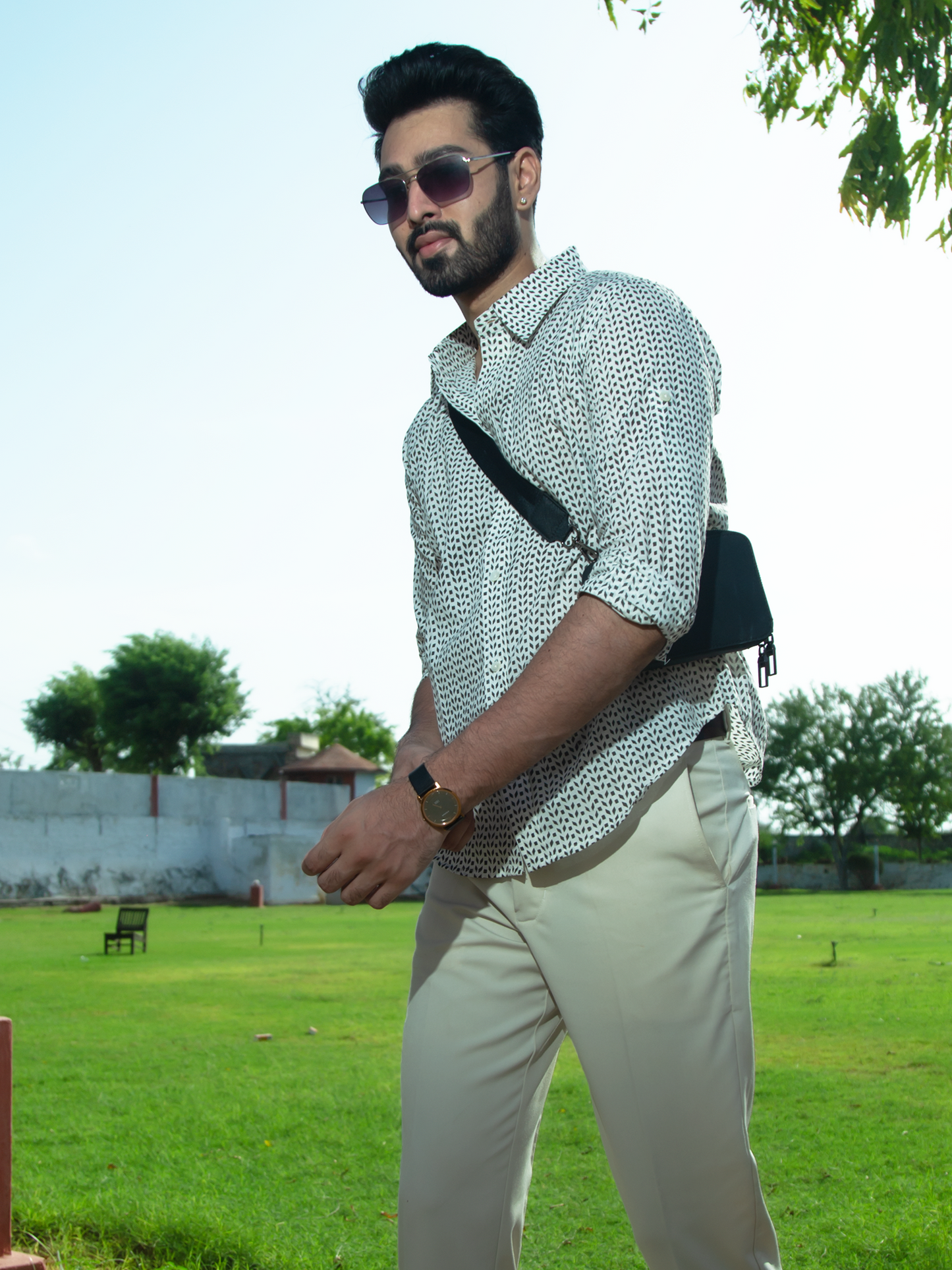 Black Leaf Mens's Shirt - White Hand Block Printed Cotton Shirt