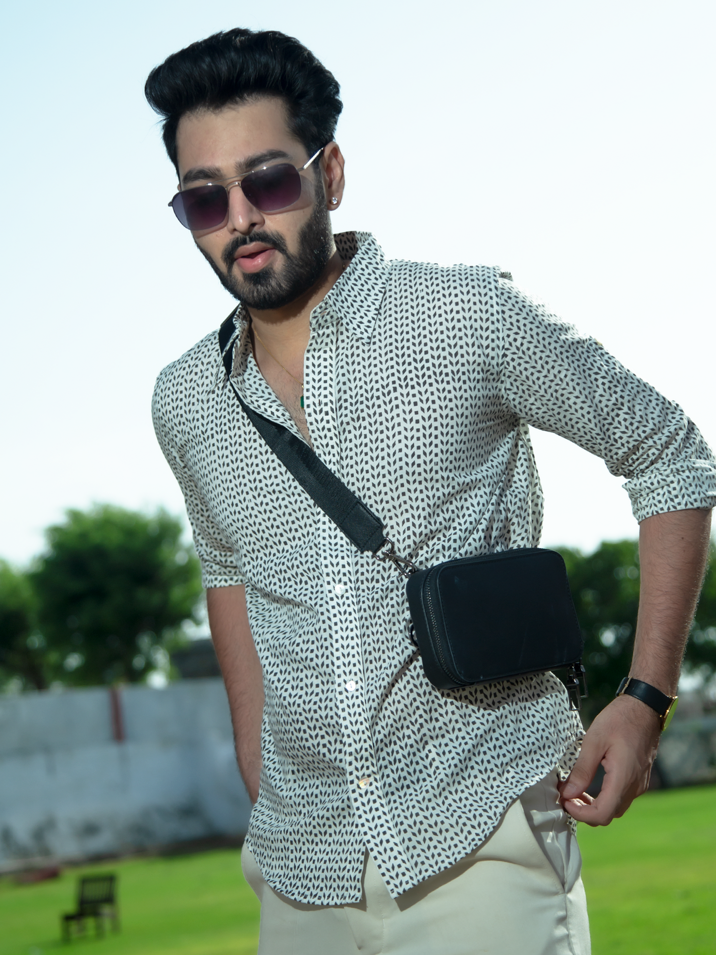 Black Leaf Mens's Shirt - White Hand Block Printed Cotton Shirt