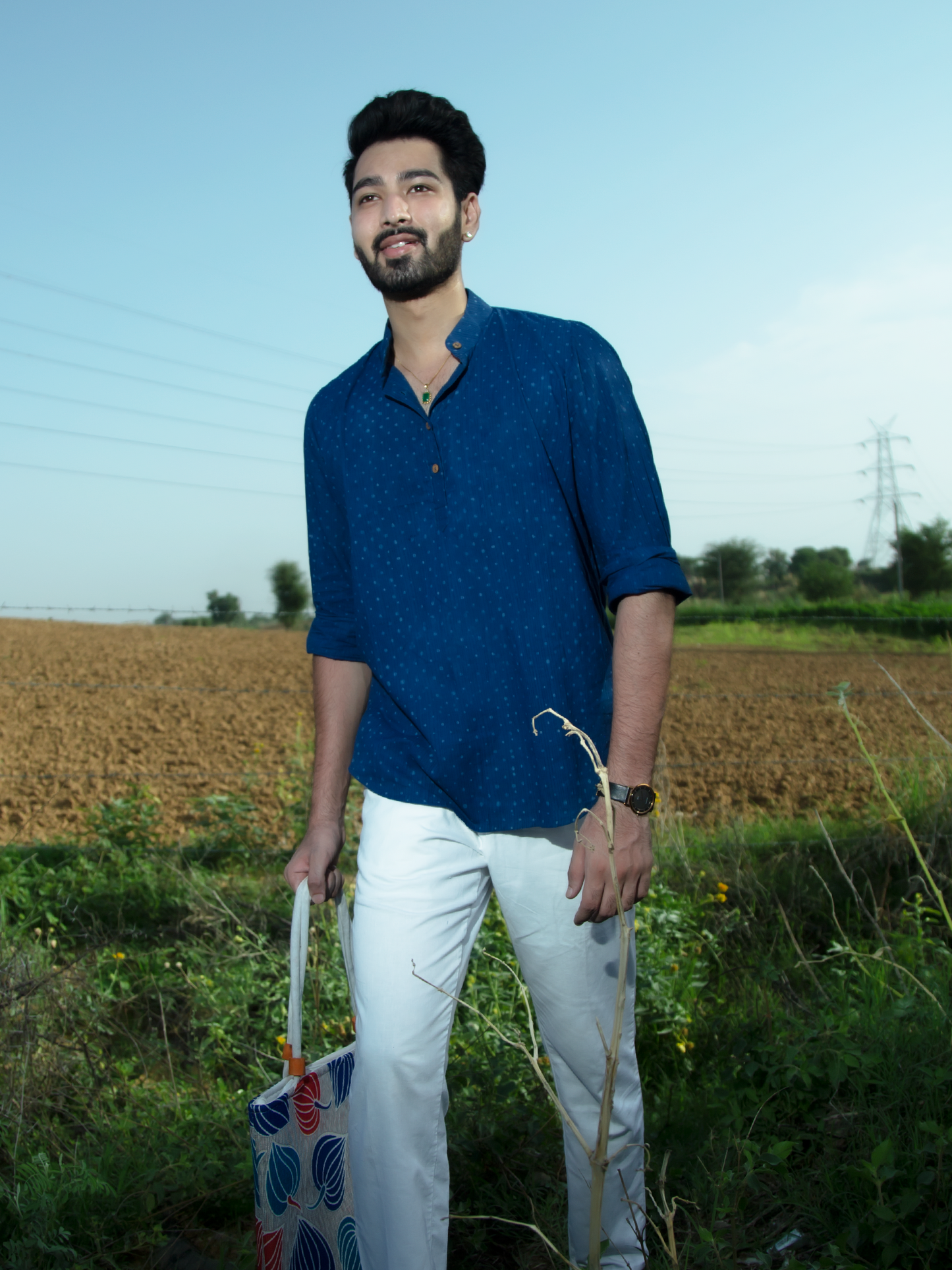 Indigo Polka On Blue Men's Shirt - Indigo Hand Block Polka Printed Cotton Shirt