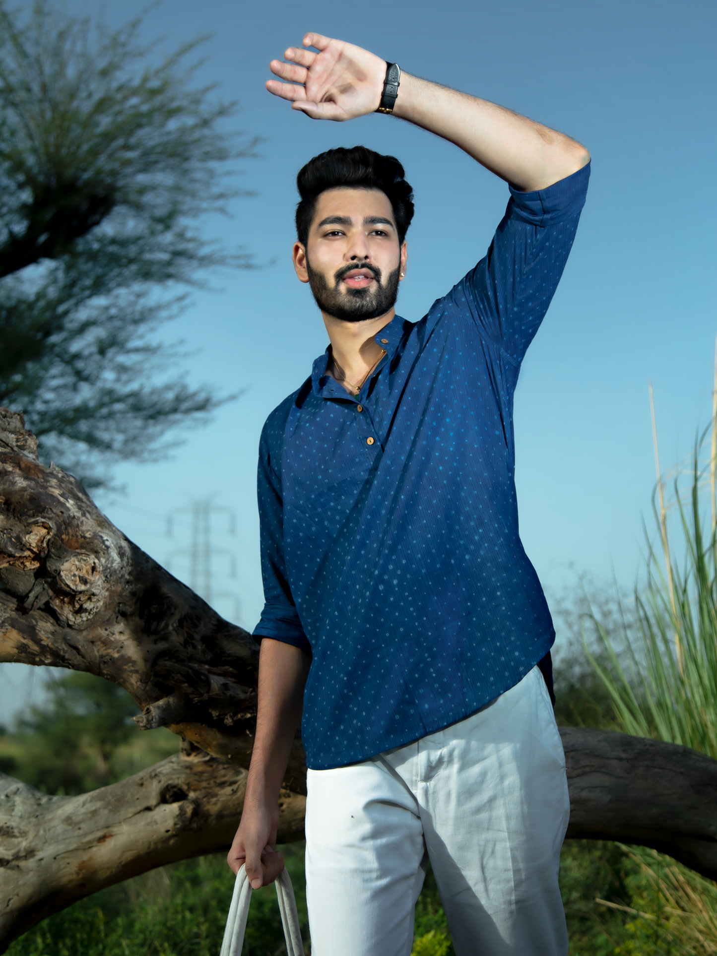 Indigo Polka On Blue Men's Shirt - Indigo Hand Block Polka Printed Cotton Shirt