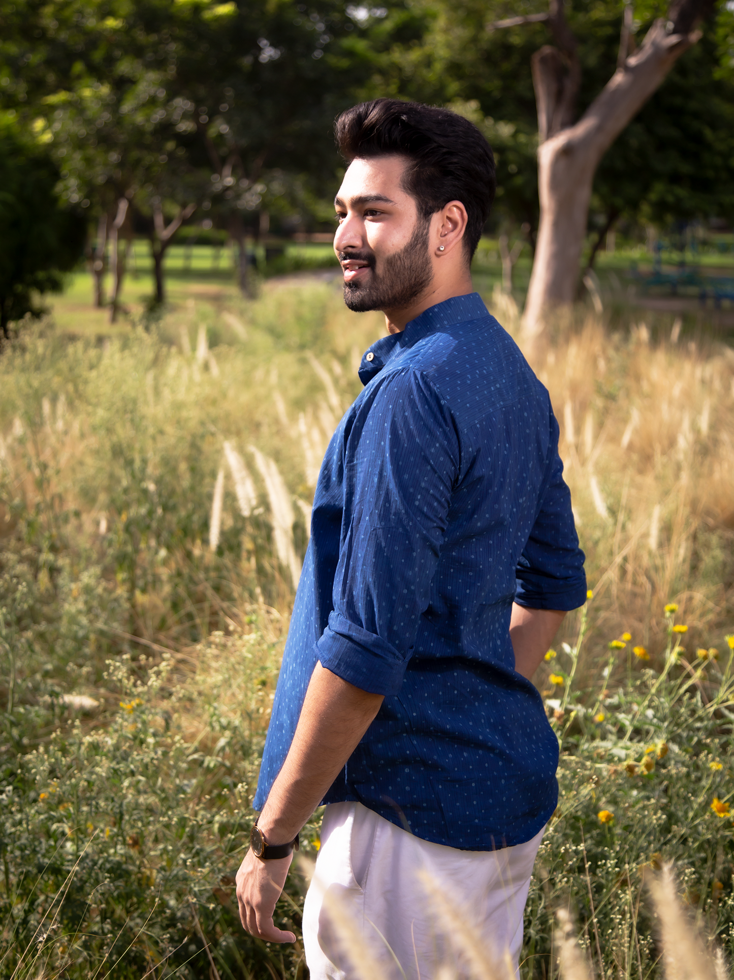 Indigo Polka On Blue Men's Shirt - Indigo Hand Block Polka Printed Cotton Shirt