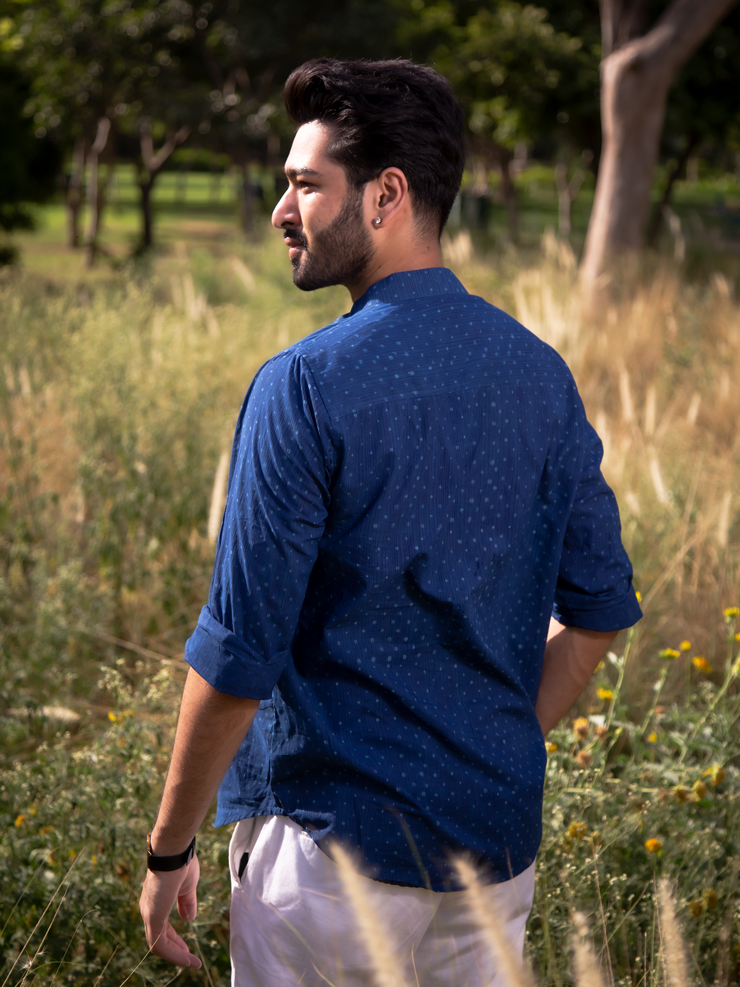 Indigo Polka On Blue Men's Shirt - Indigo Hand Block Polka Printed Cotton Shirt