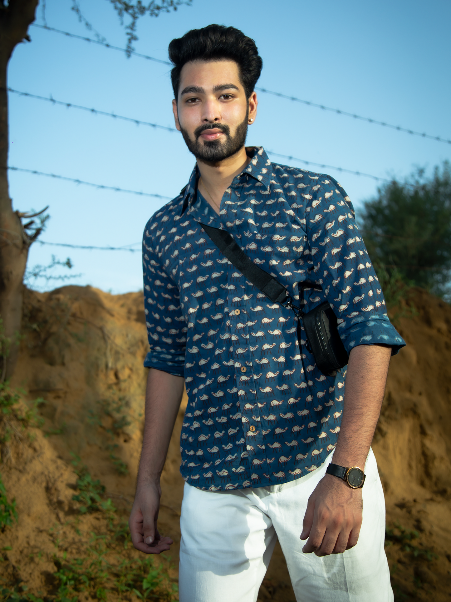 Indigo Hump Back Men's Shirt - Indigo Hand Block Printed Cotton Full Sleeve Shirt
