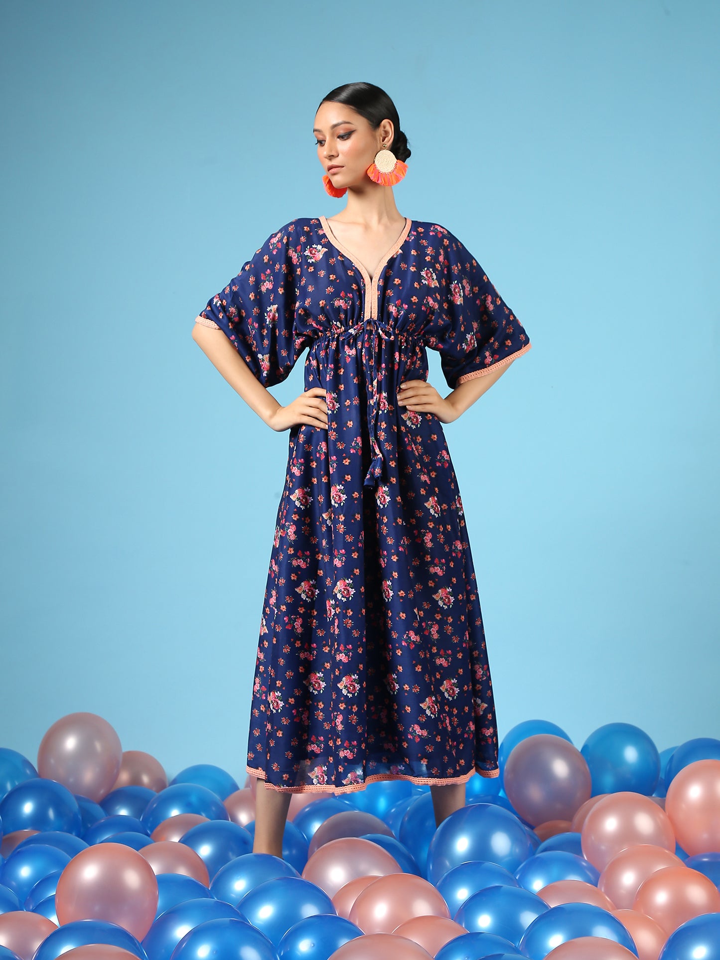 Bouquet On Blue Kimono Dress - Blue Digital Printed Cotton Silk Kimono Dress