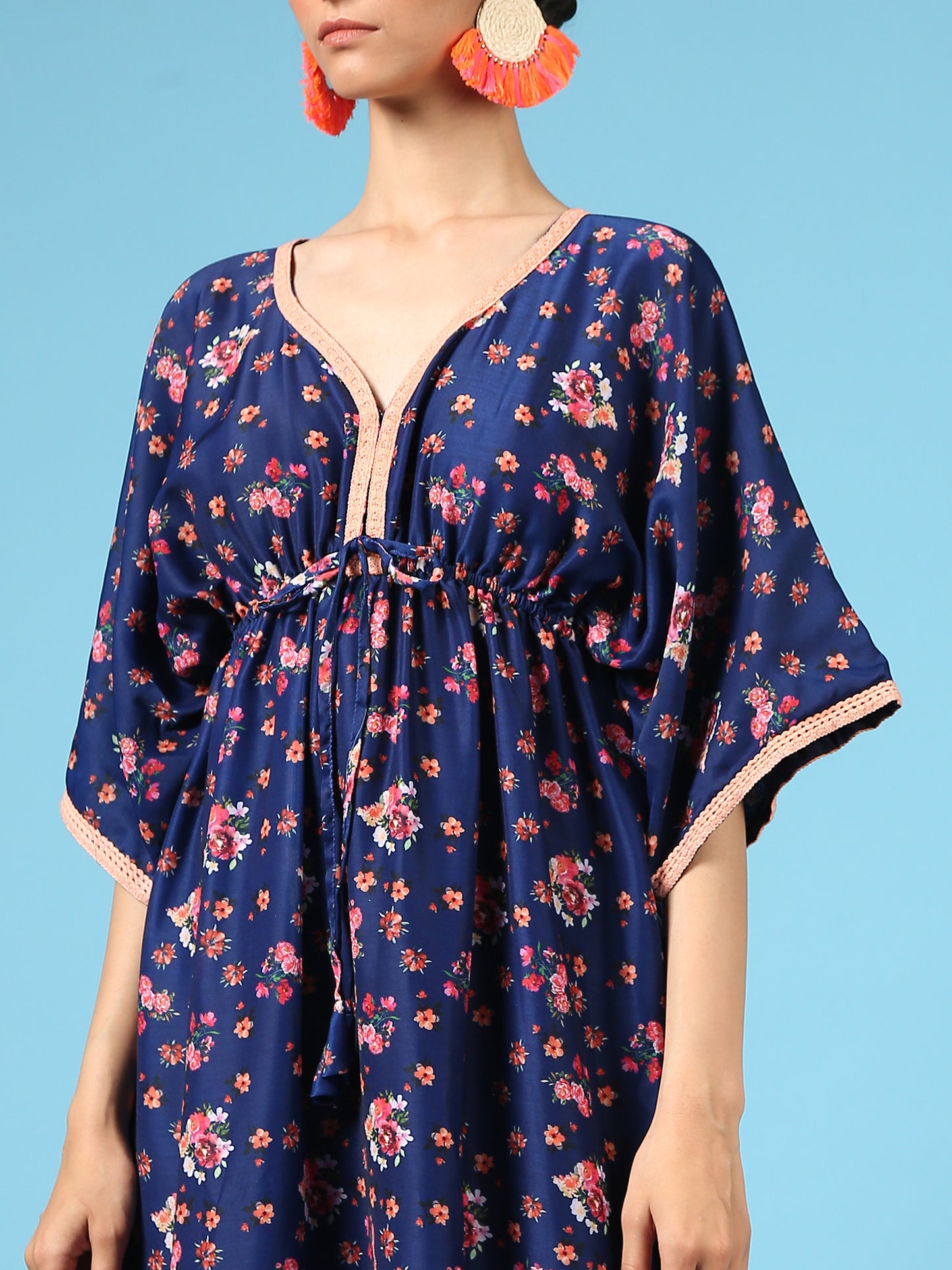 Bouquet On Blue Kimono Dress - Blue Digital Printed Cotton Silk Kimono Dress