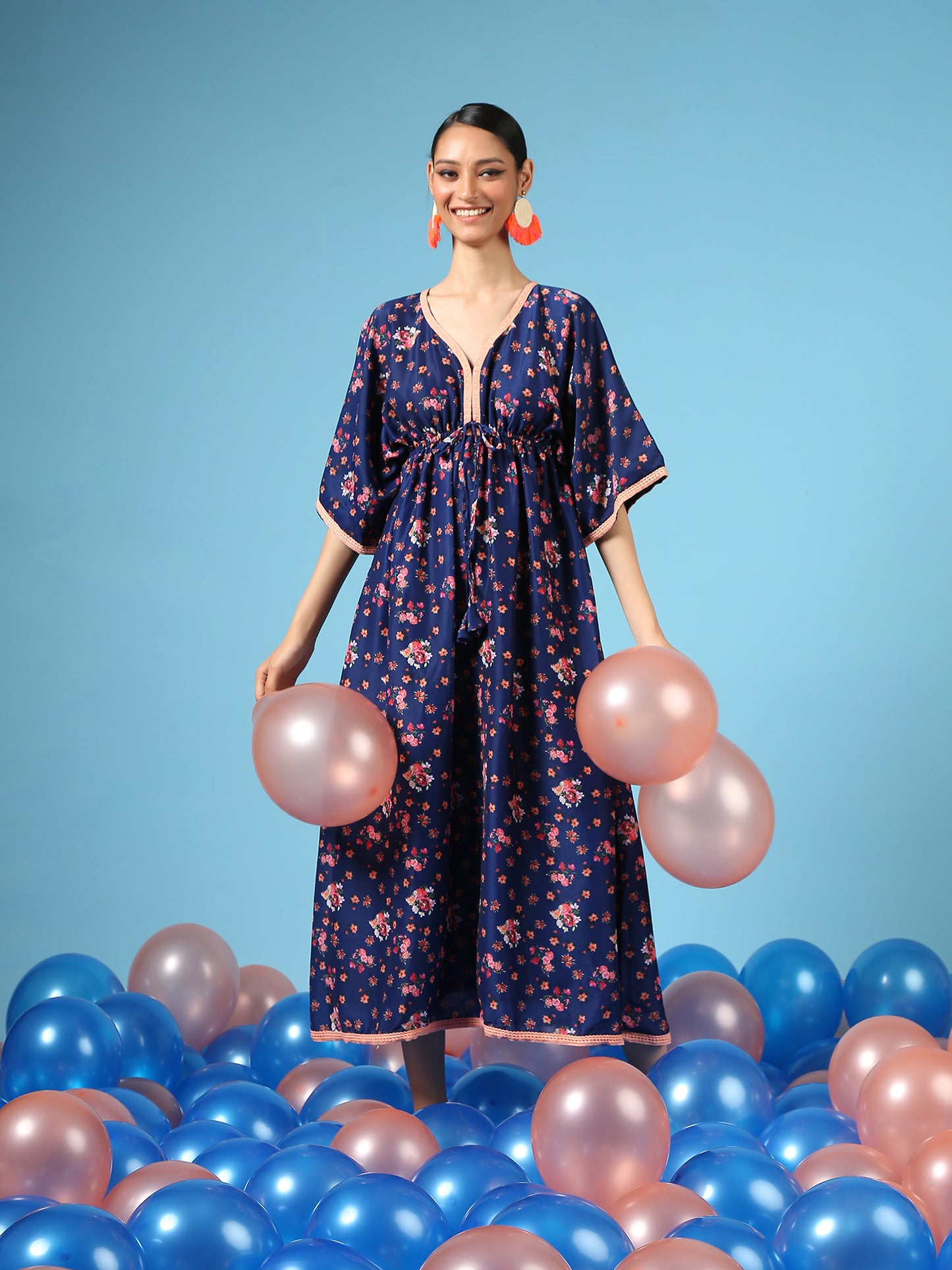 Bouquet On Blue Kimono Dress - Blue Digital Printed Cotton Silk Kimono Dress