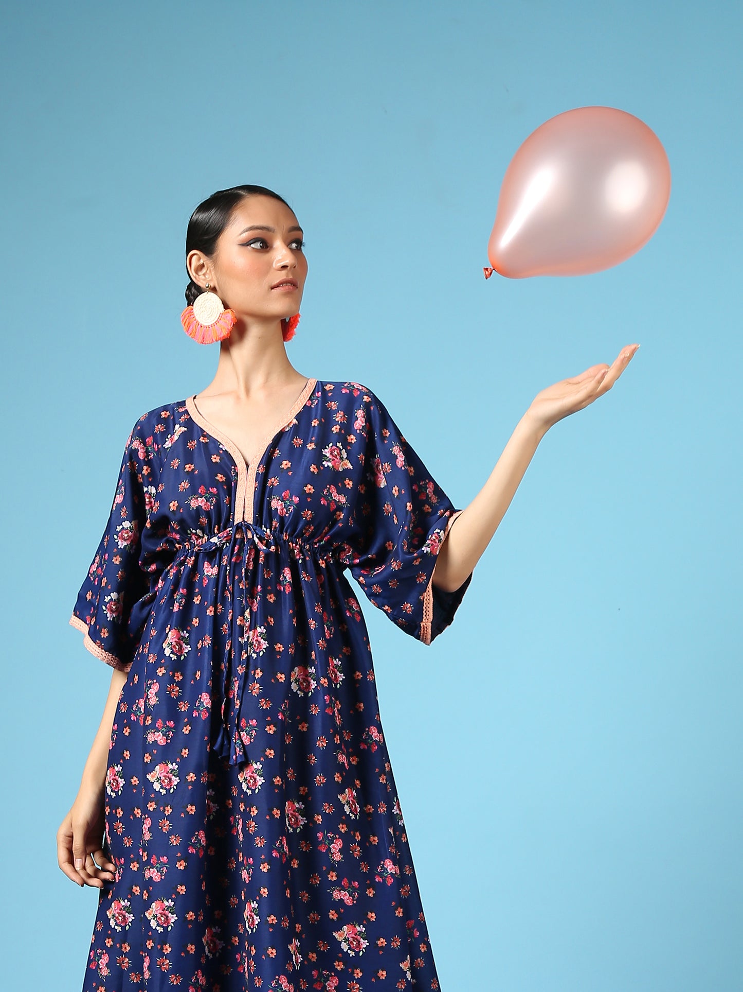 Bouquet On Blue Kimono Dress - Blue Digital Printed Cotton Silk Kimono Dress