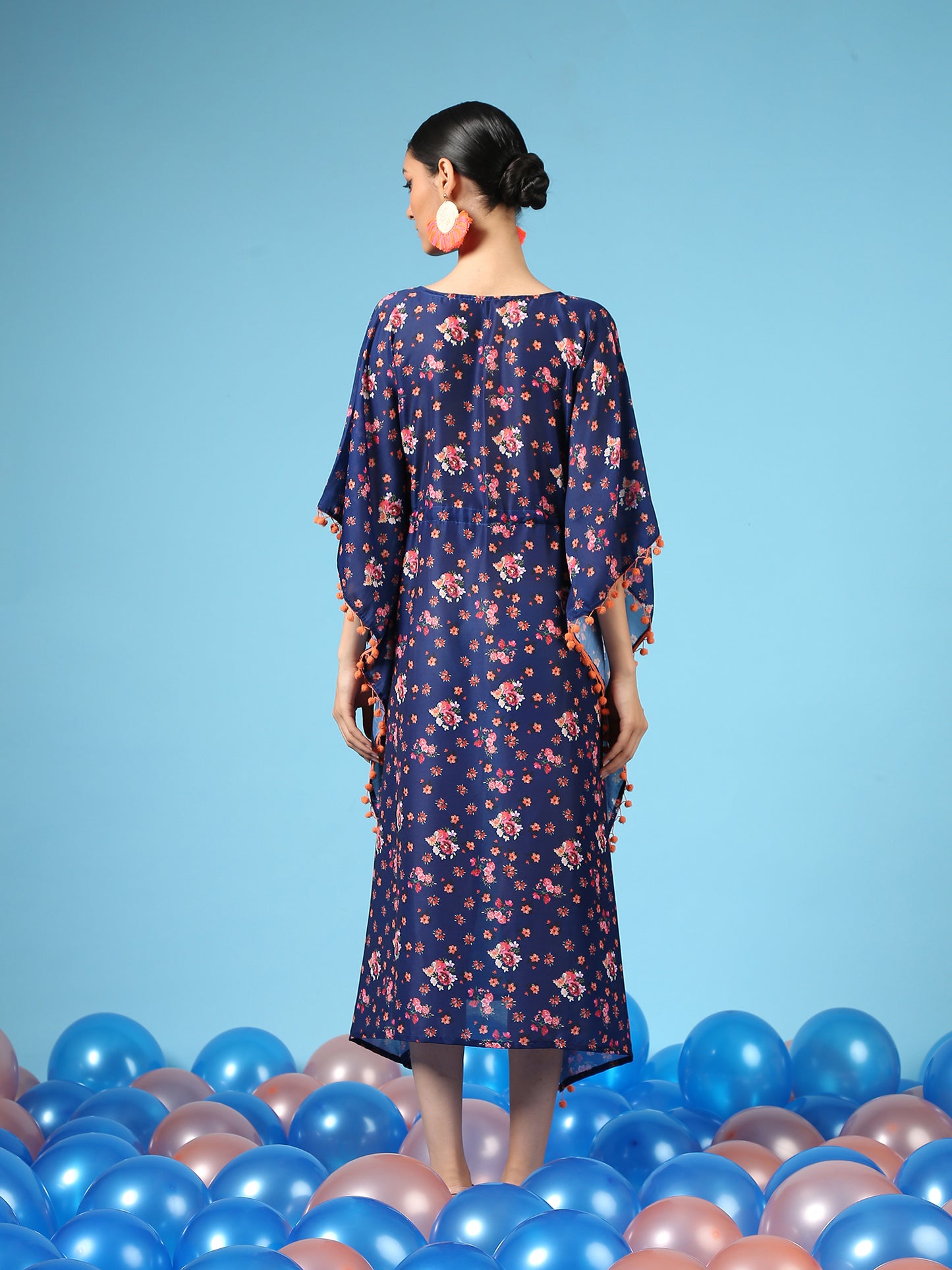 Bouquet On Blue Kaftan - Blue Digital Printed Cotton Silk Kaftan Dress
