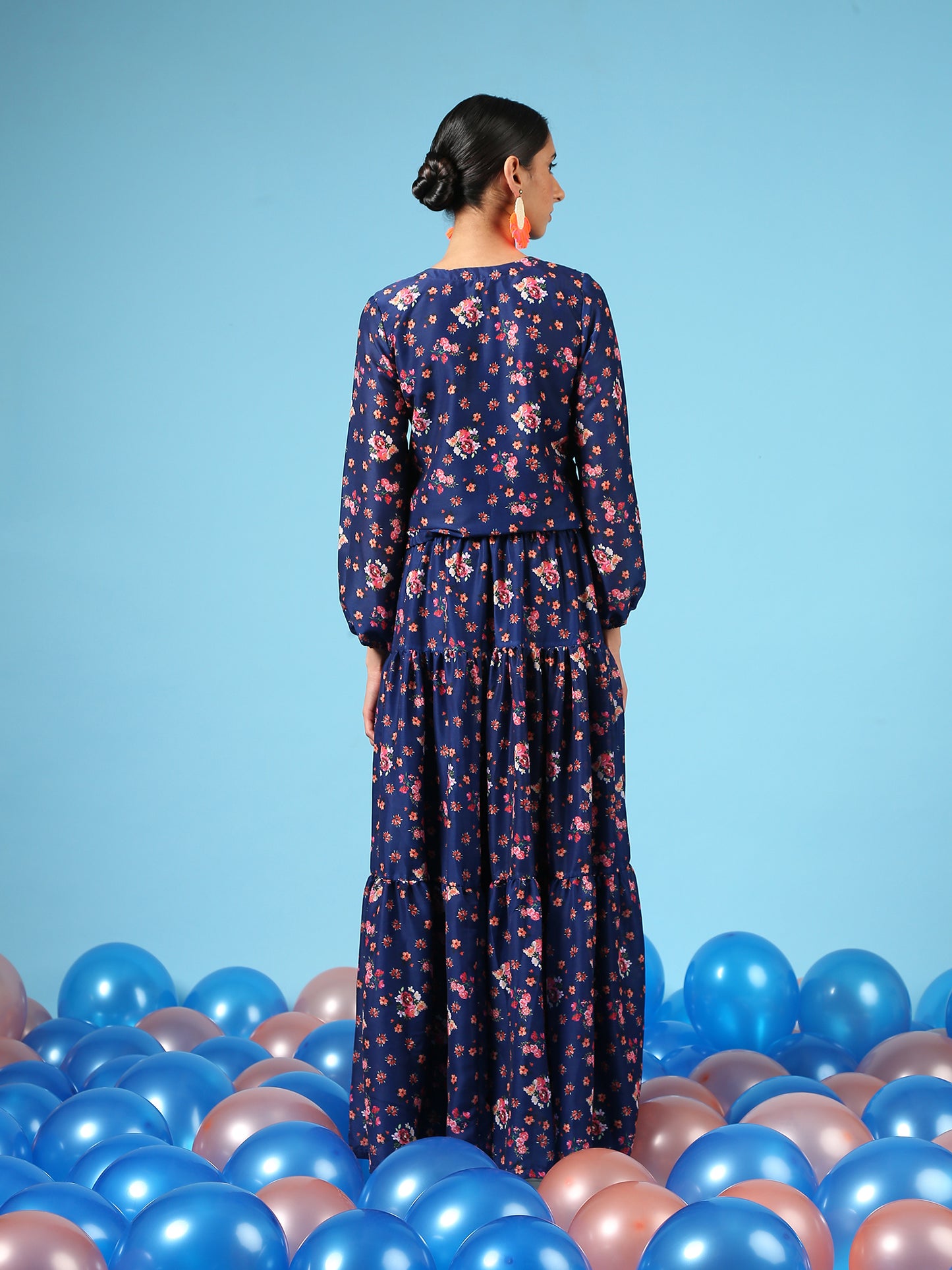 Bouquet On Blue Skirt Set - Blue Digital Printed Cotton Silk Button Up Shirt And Tiered Skirt