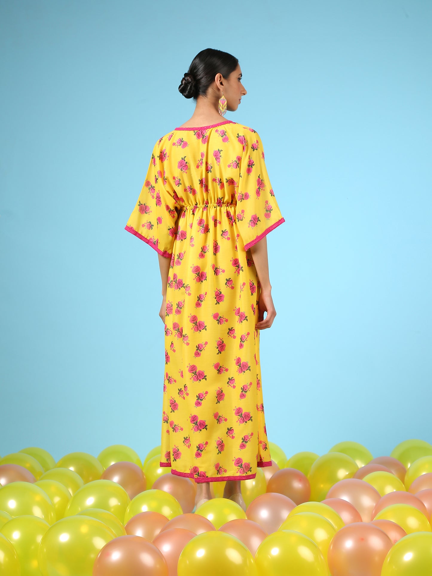 Rose Sunshine Kimono Dress - Yellow Digital Printed Cotton Silk Kimono Dress
