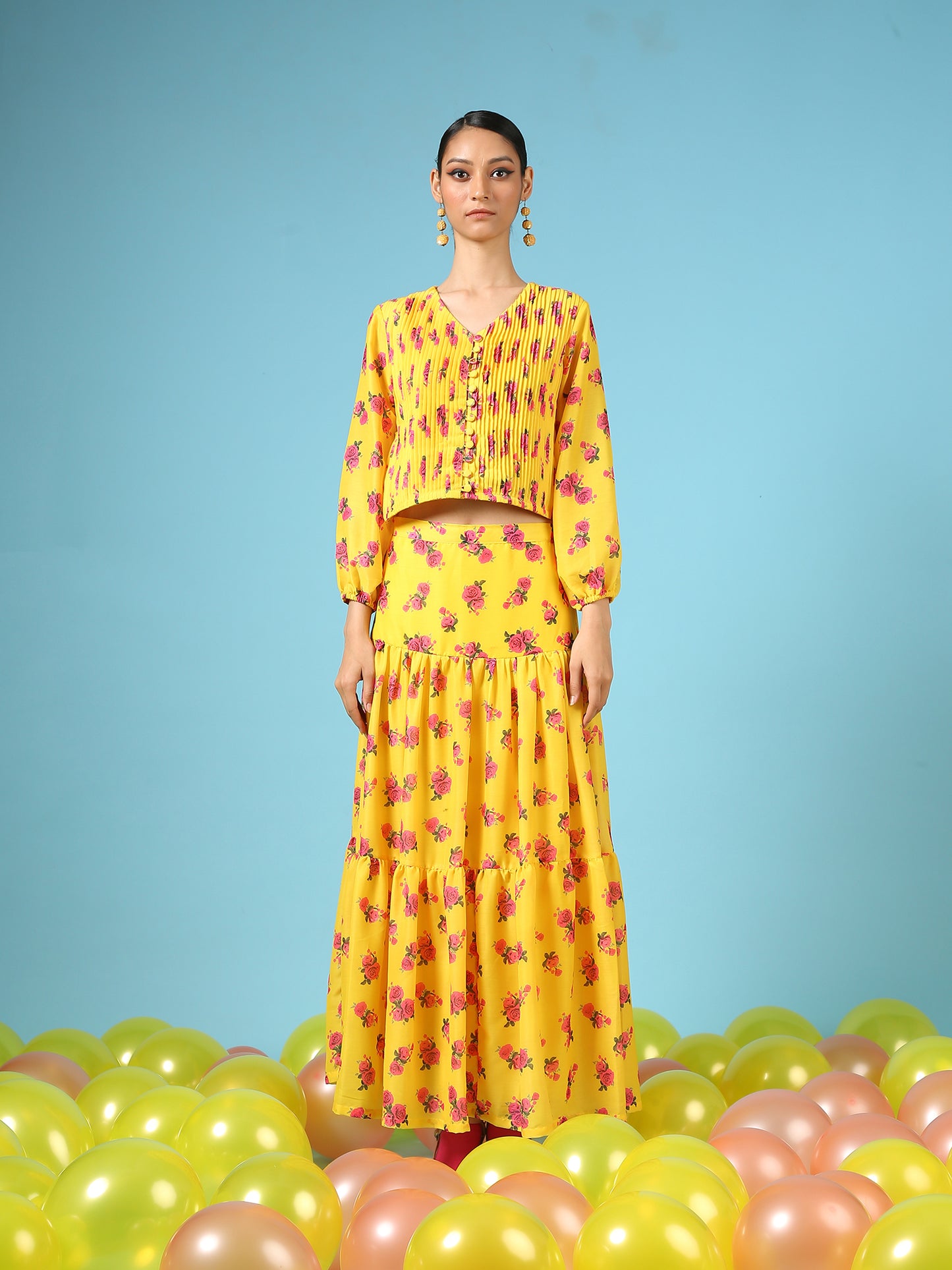 Rose Sunshine Skirt - Yellow Digital Printed Cotton Silk Tiered Skirt