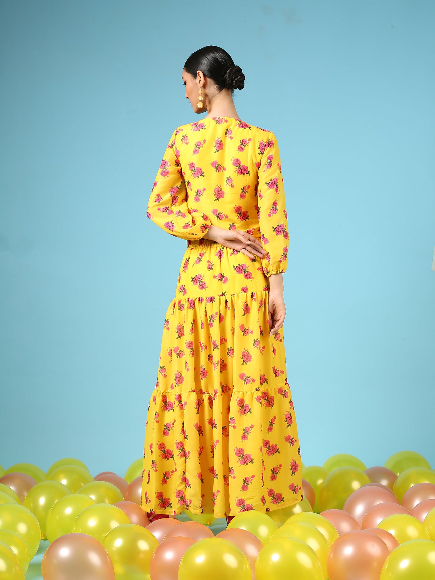 Rose Sunshine Skirt - Yellow Digital Printed Cotton Silk Tiered Skirt