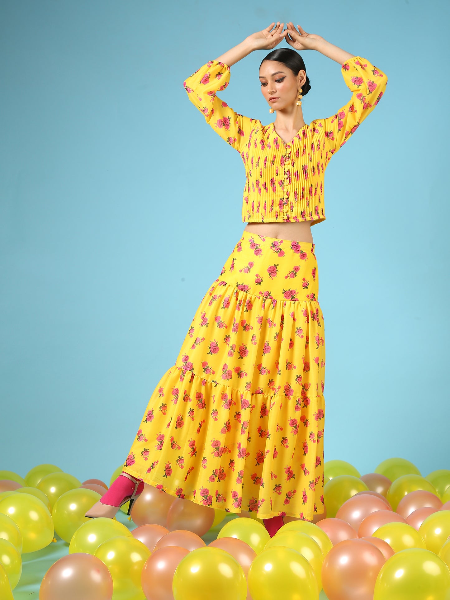 Rose Sunshine Skirt - Yellow Digital Printed Cotton Silk Tiered Skirt
