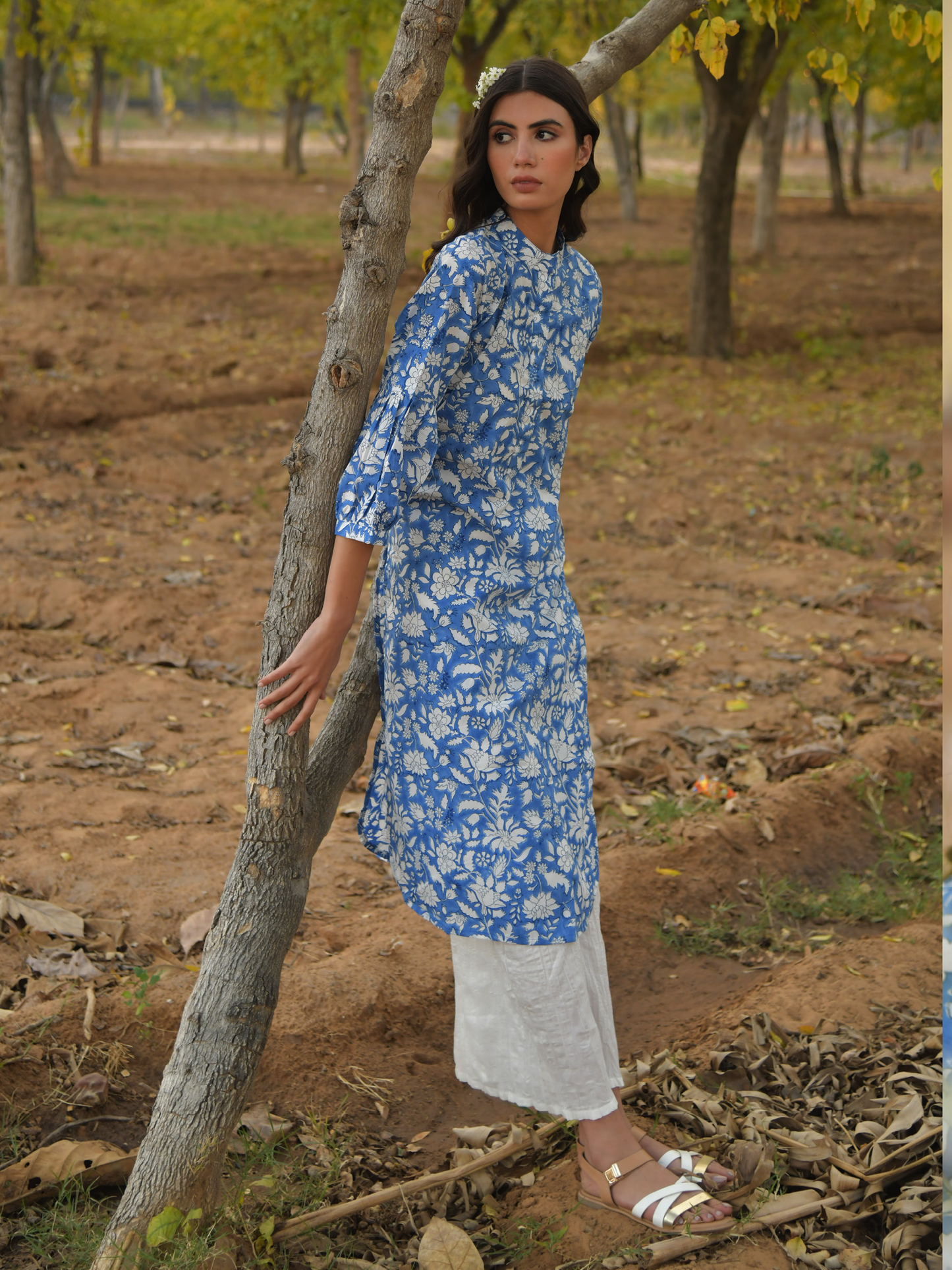 No More Blues Kurta Set- Blue Hand Block Printed Cotton Kurta With White Crushed Pants