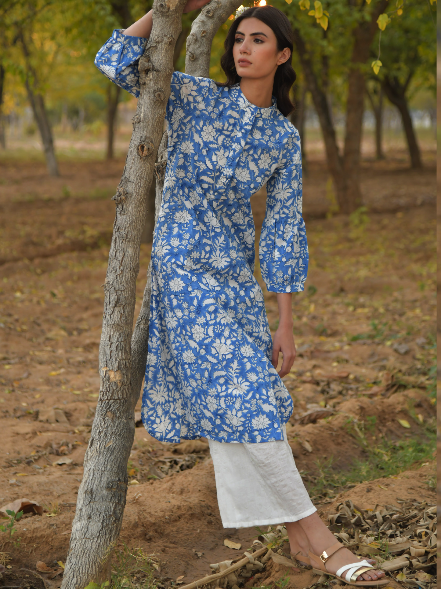 No More Blues Kurta Set- Blue Hand Block Printed Cotton Kurta With White Crushed Pants