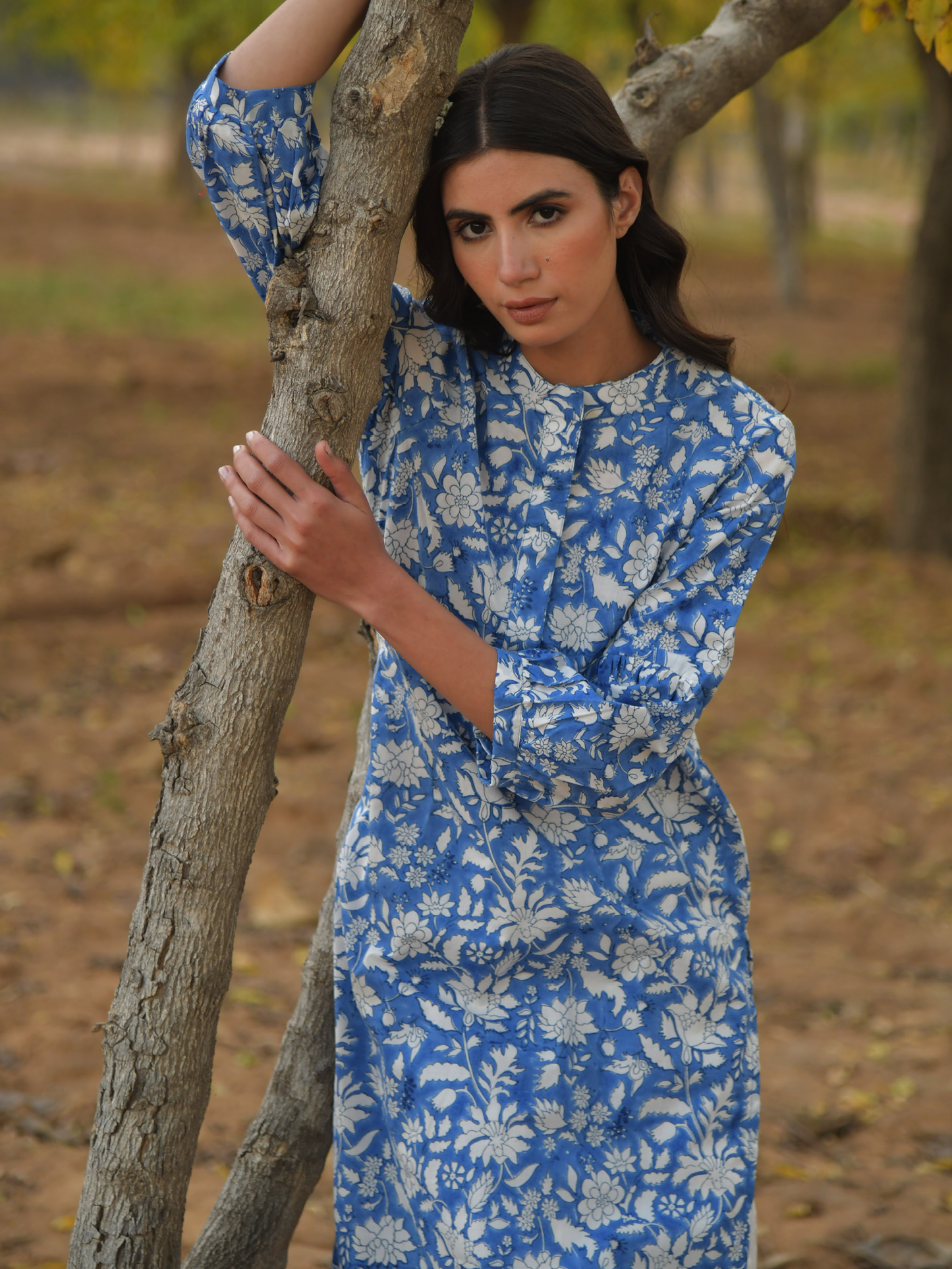 No More Blues Kurta Set- Blue Hand Block Printed Cotton Kurta With White Crushed Pants